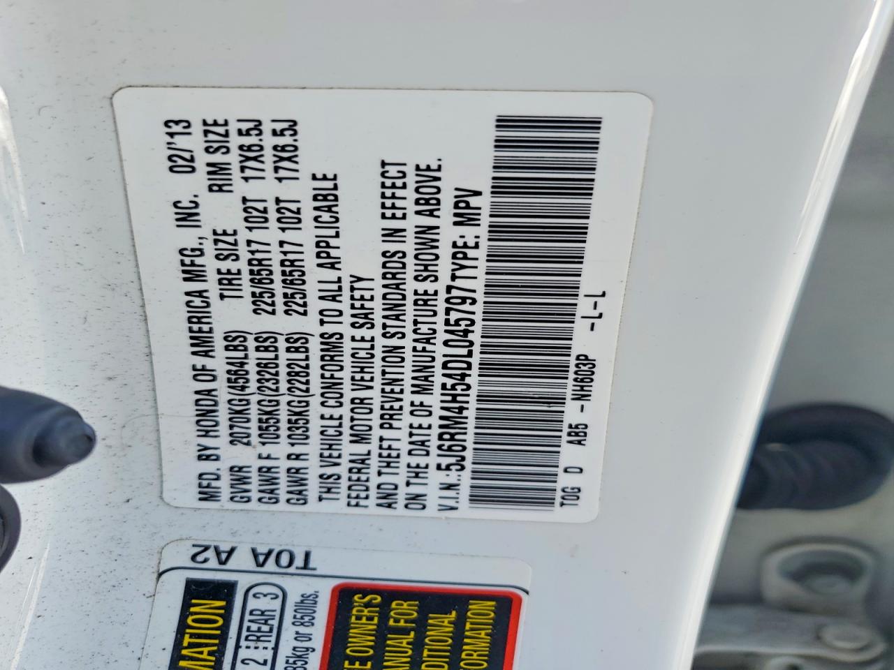 2013 Honda Cr-v Ex White vin: 5J6RM4H54DL045797
