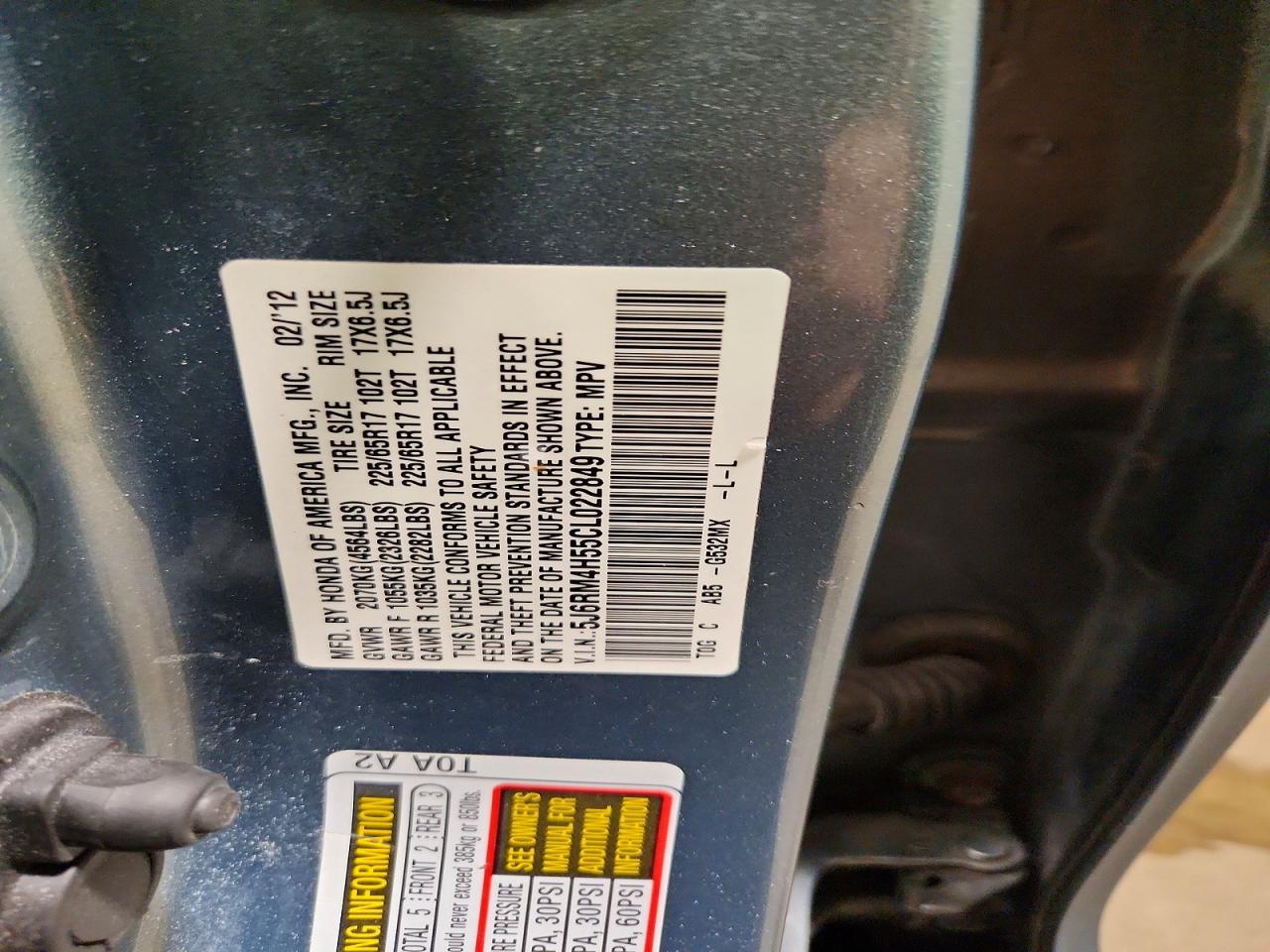 2012 Honda Cr-v Ex Blue vin: 5J6RM4H55CL022849