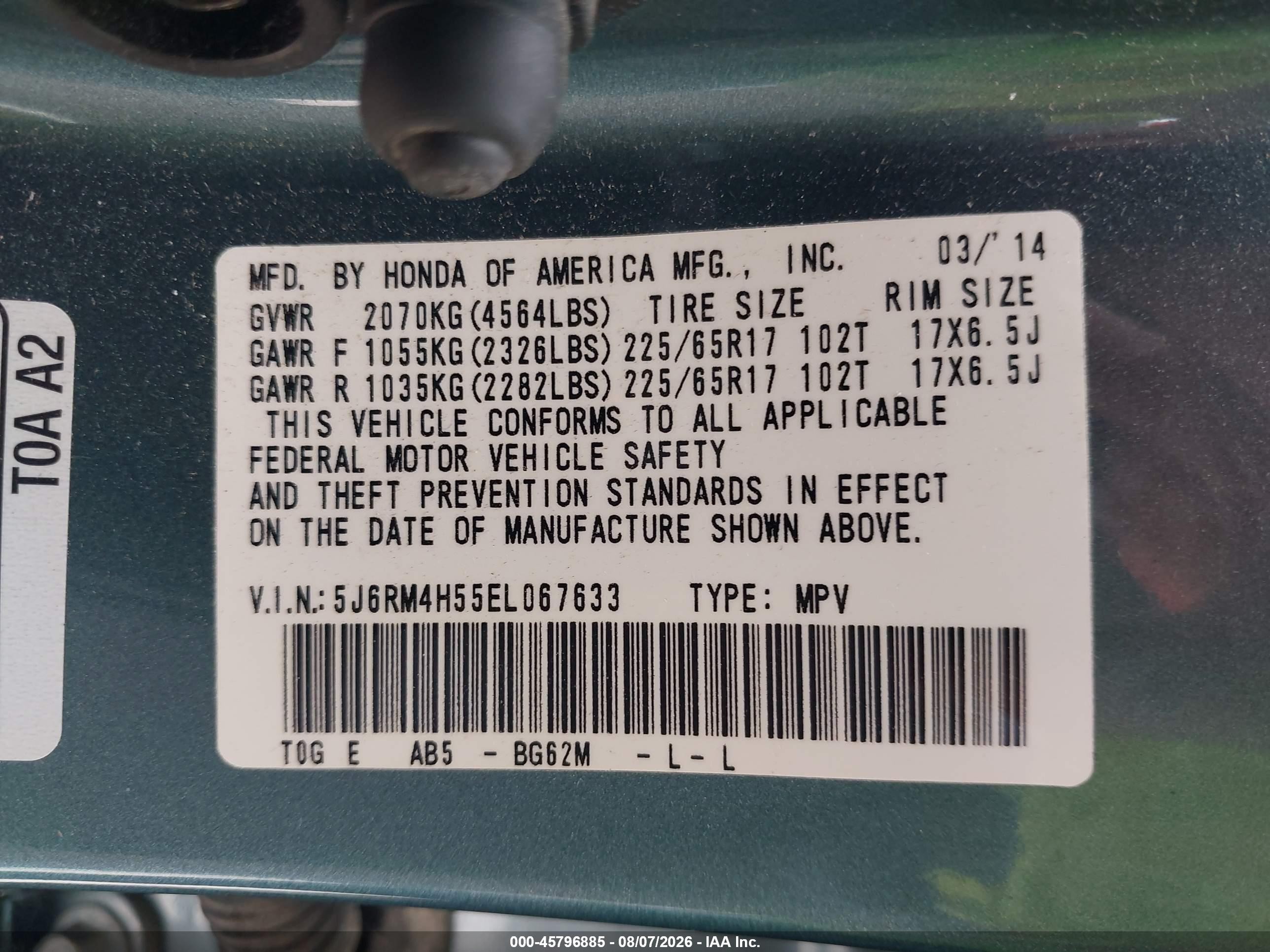 2014 Honda Cr-v Ex Teal vin: 5J6RM4H55EL067633