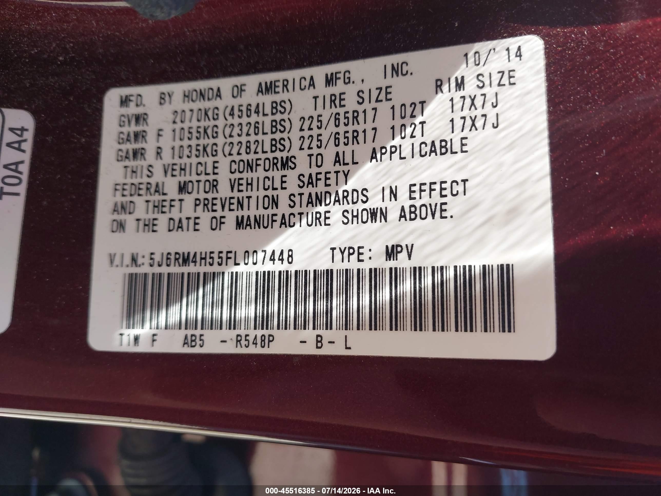 2015 Honda Cr-v Ex Maroon vin: 5J6RM4H55FL007448