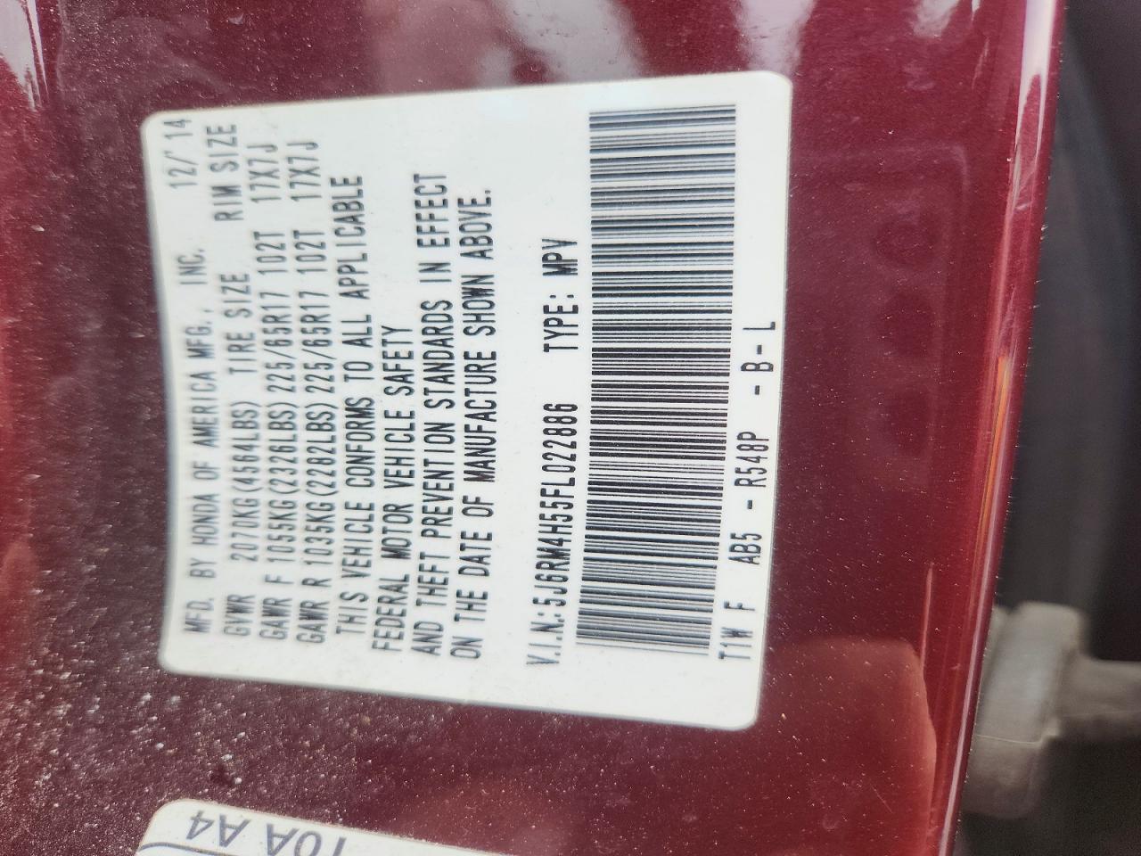 2015 Honda Cr-v Ex Burgundy vin: 5J6RM4H55FL022886