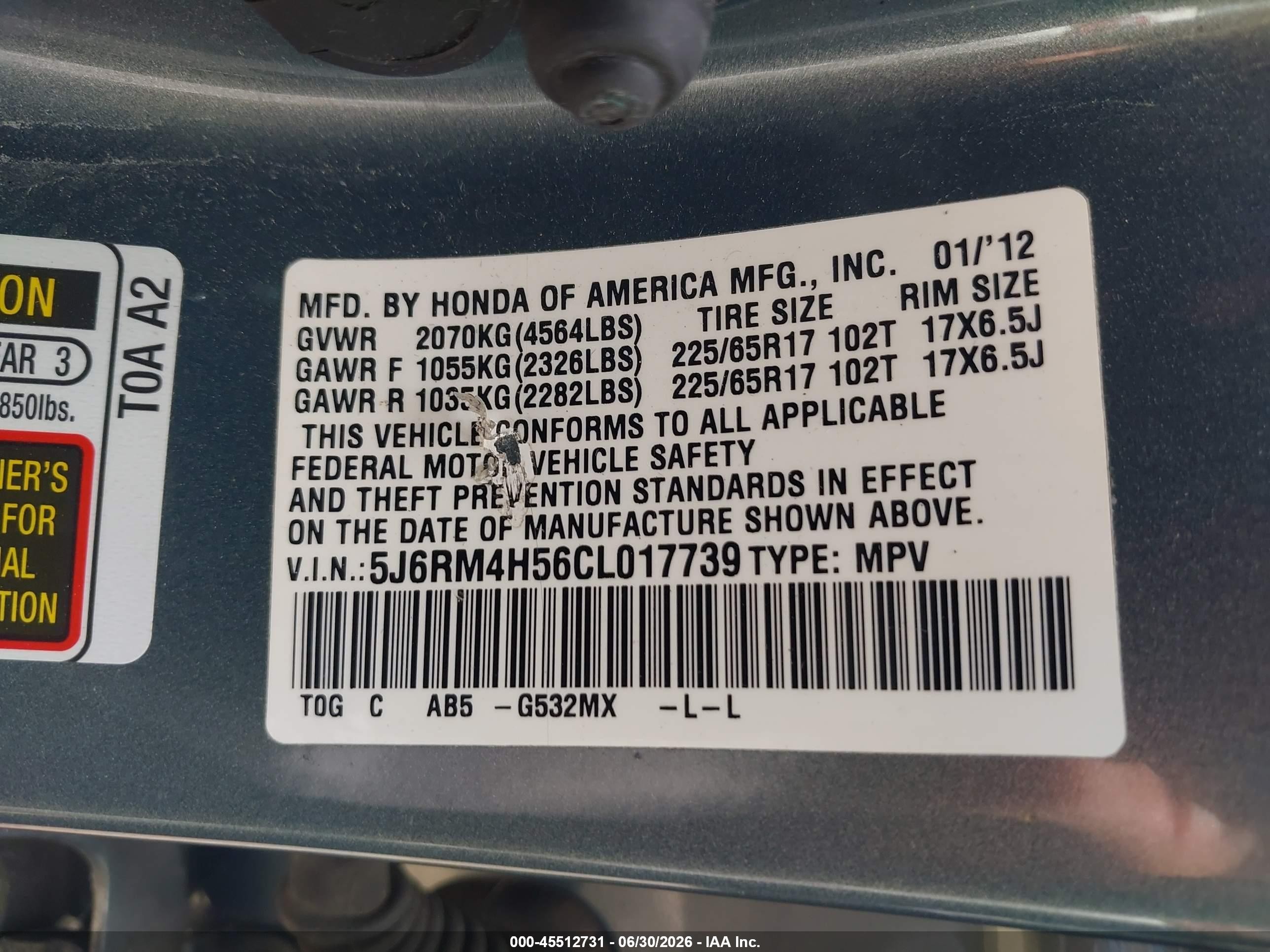 2012 Honda Cr-v Ex Light Blue vin: 5J6RM4H56CL017739