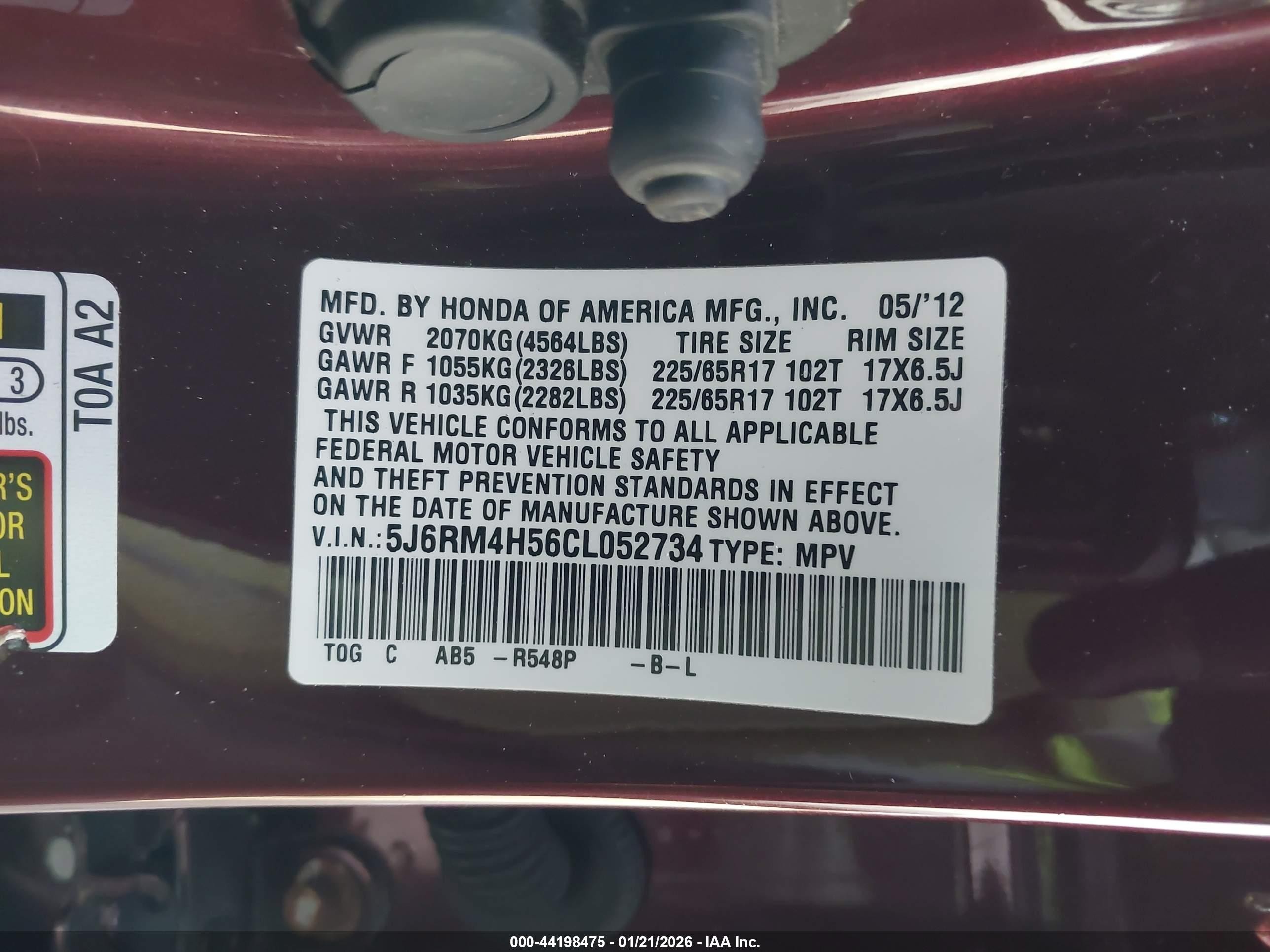 2012 Honda Cr-v Ex Burgundy vin: 5J6RM4H56CL052734