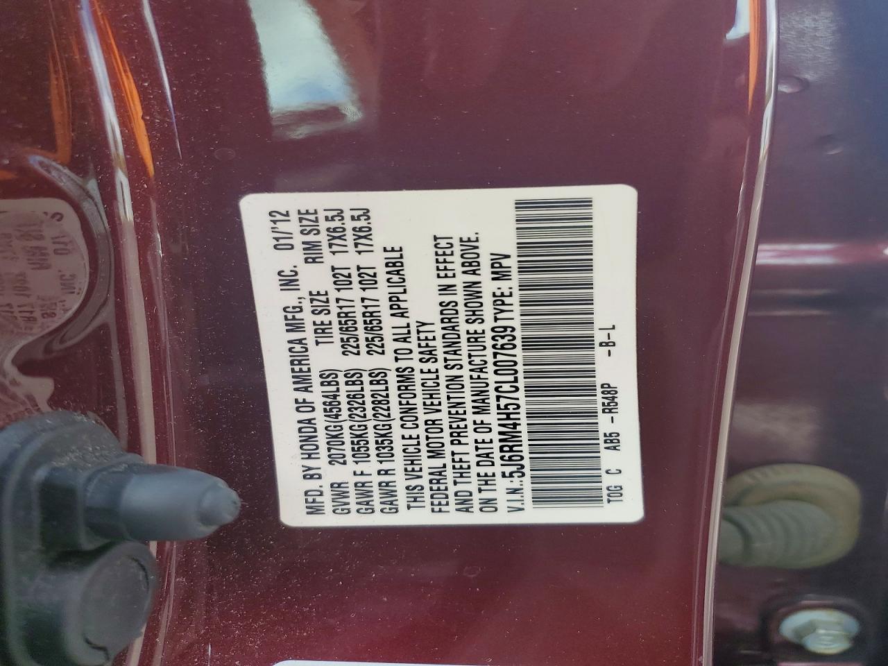 2012 Honda Cr-v Ex Maroon vin: 5J6RM4H57CL007639