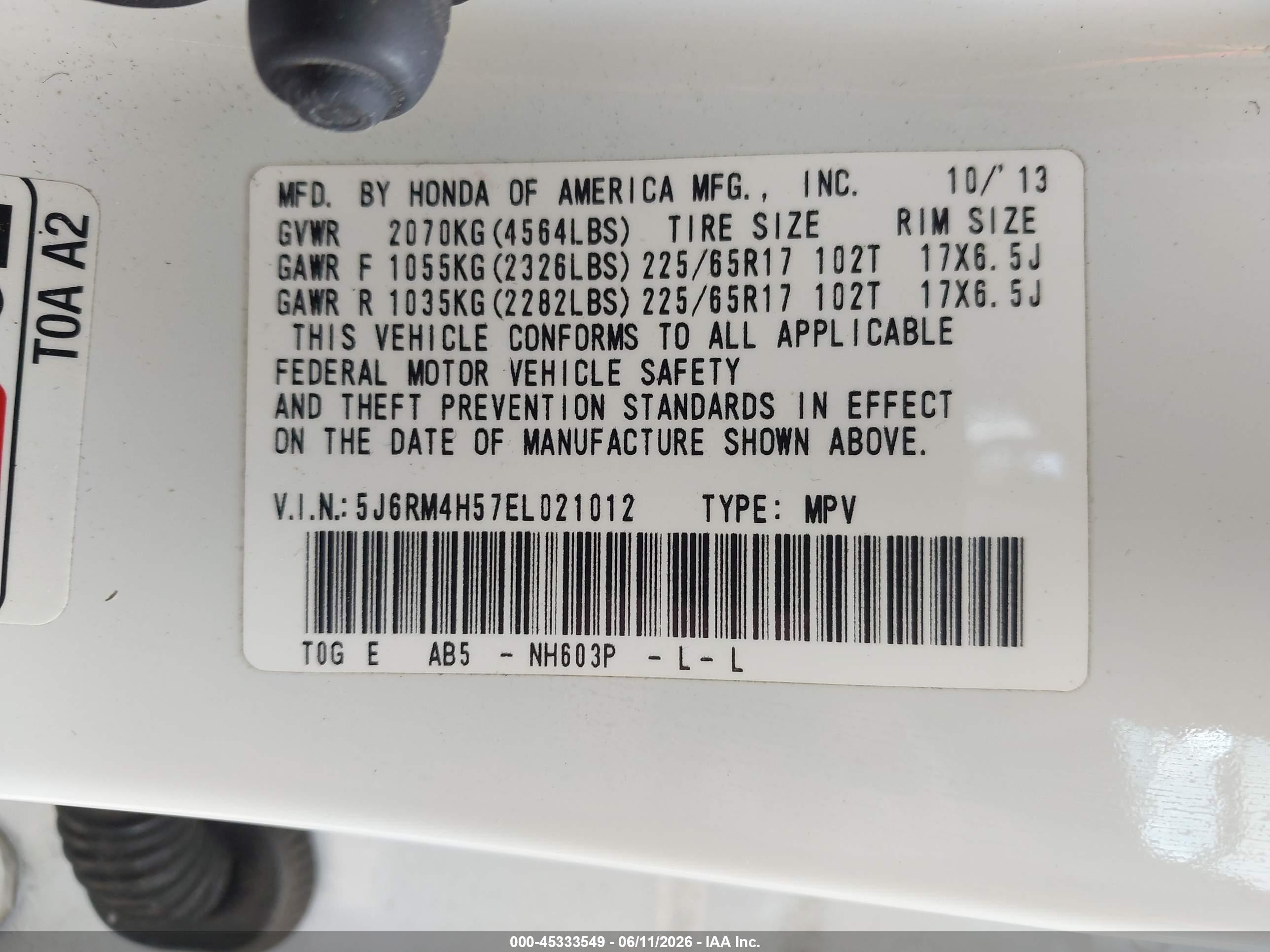 2014 Honda Cr-v Ex White vin: 5J6RM4H57EL021012