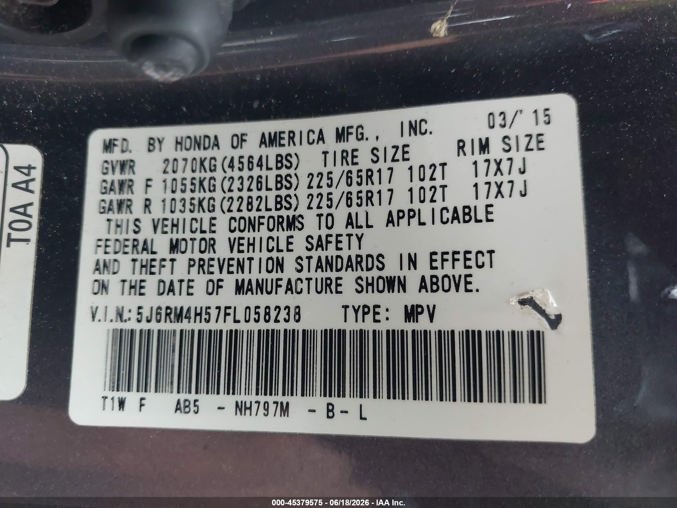 2015 Honda Cr-v Ex Серый vin: 5J6RM4H57FL058238