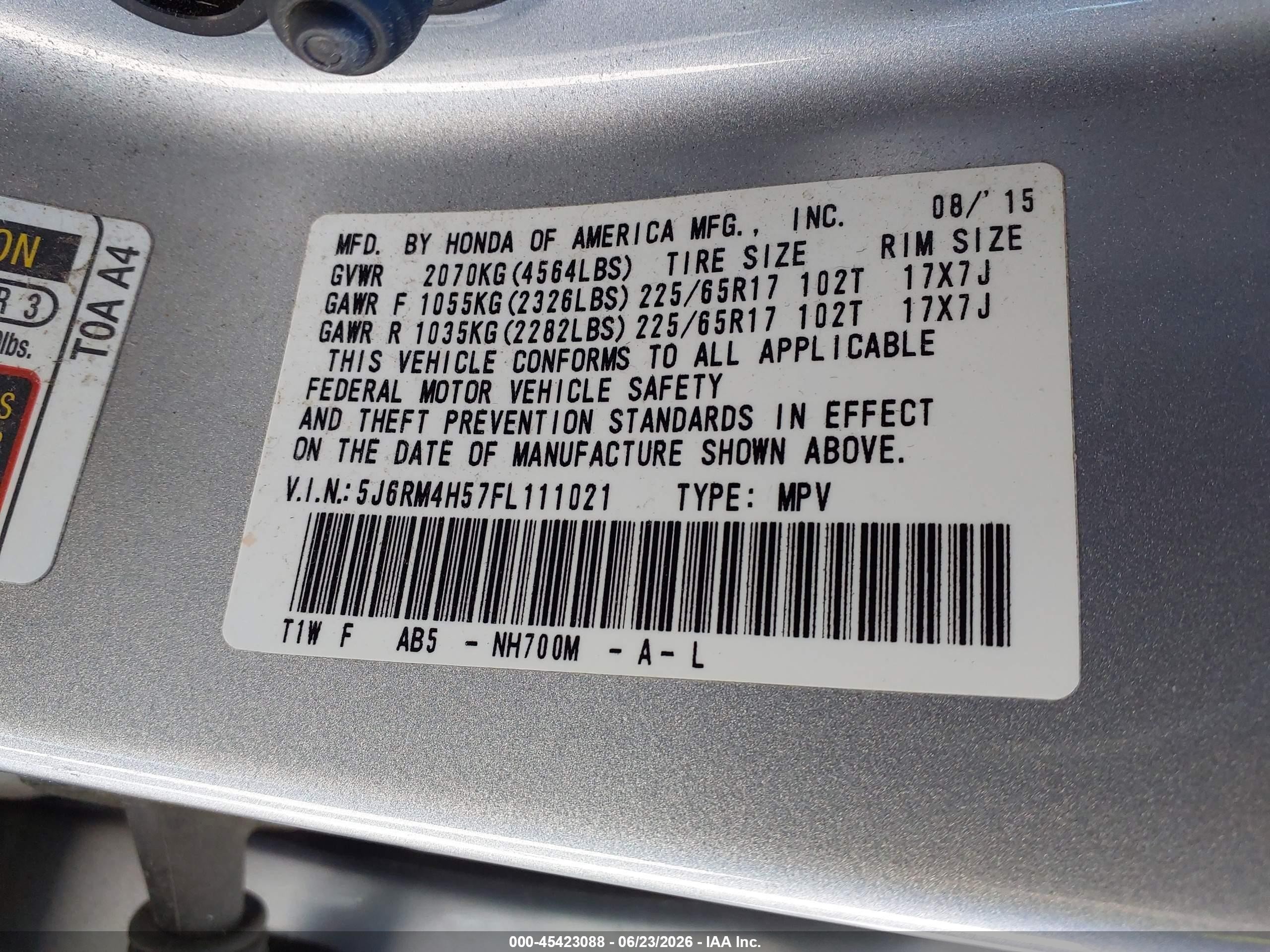 2015 Honda Cr-v Ex Silver vin: 5J6RM4H57FL111021
