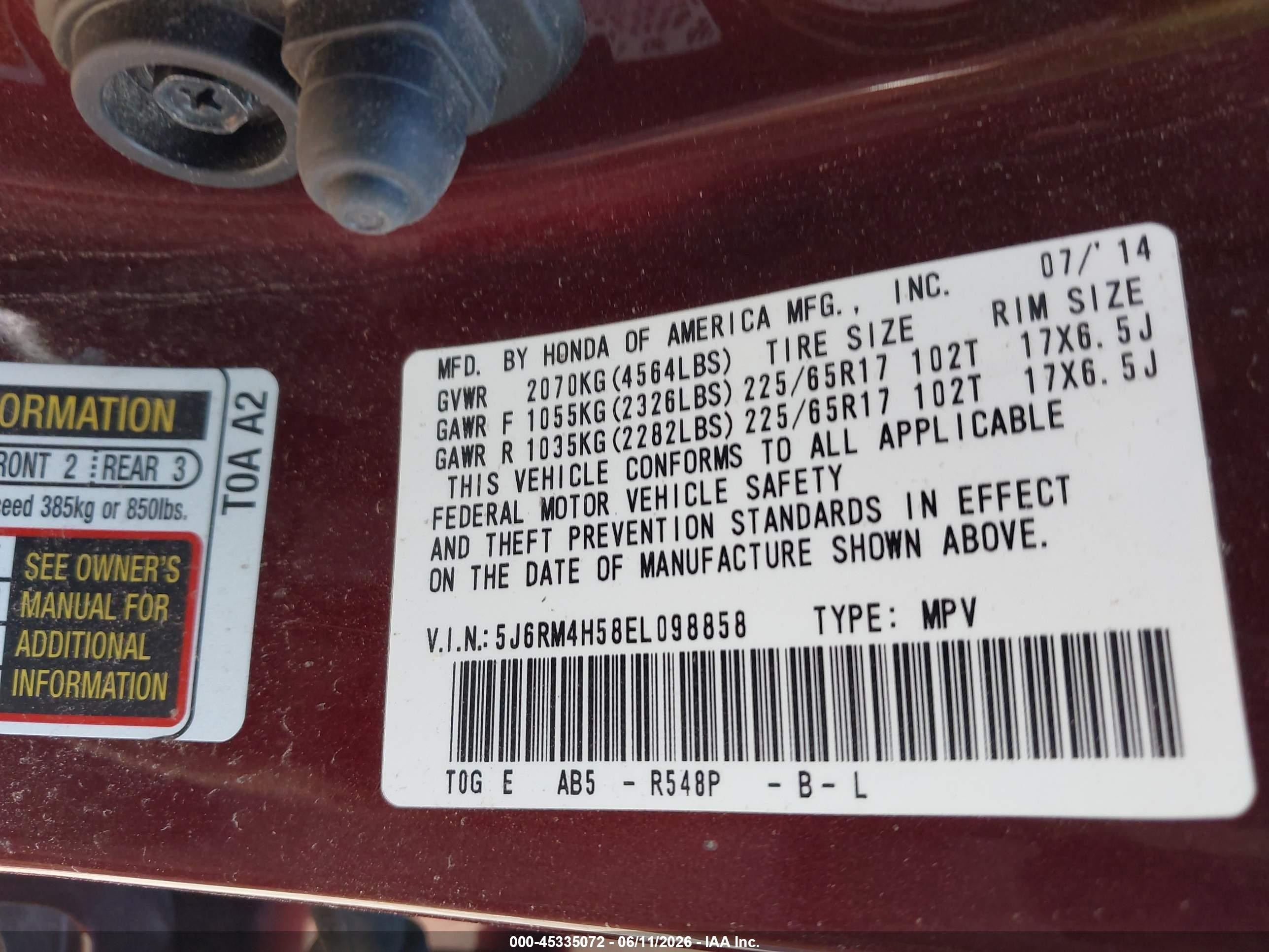 2014 Honda Cr-v Ex Red vin: 5J6RM4H58EL098858