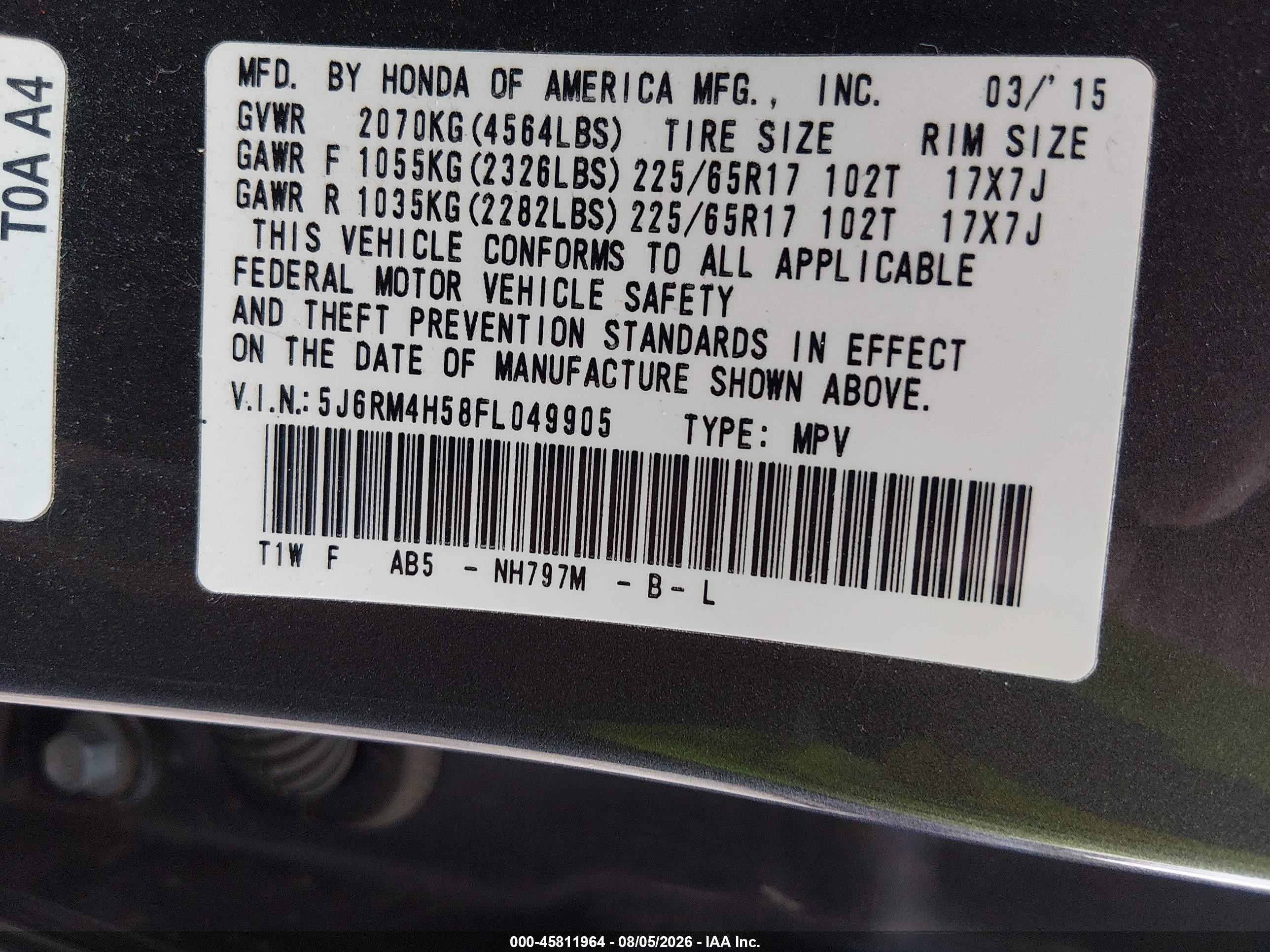 2015 Honda Cr-v Ex Серый vin: 5J6RM4H58FL049905