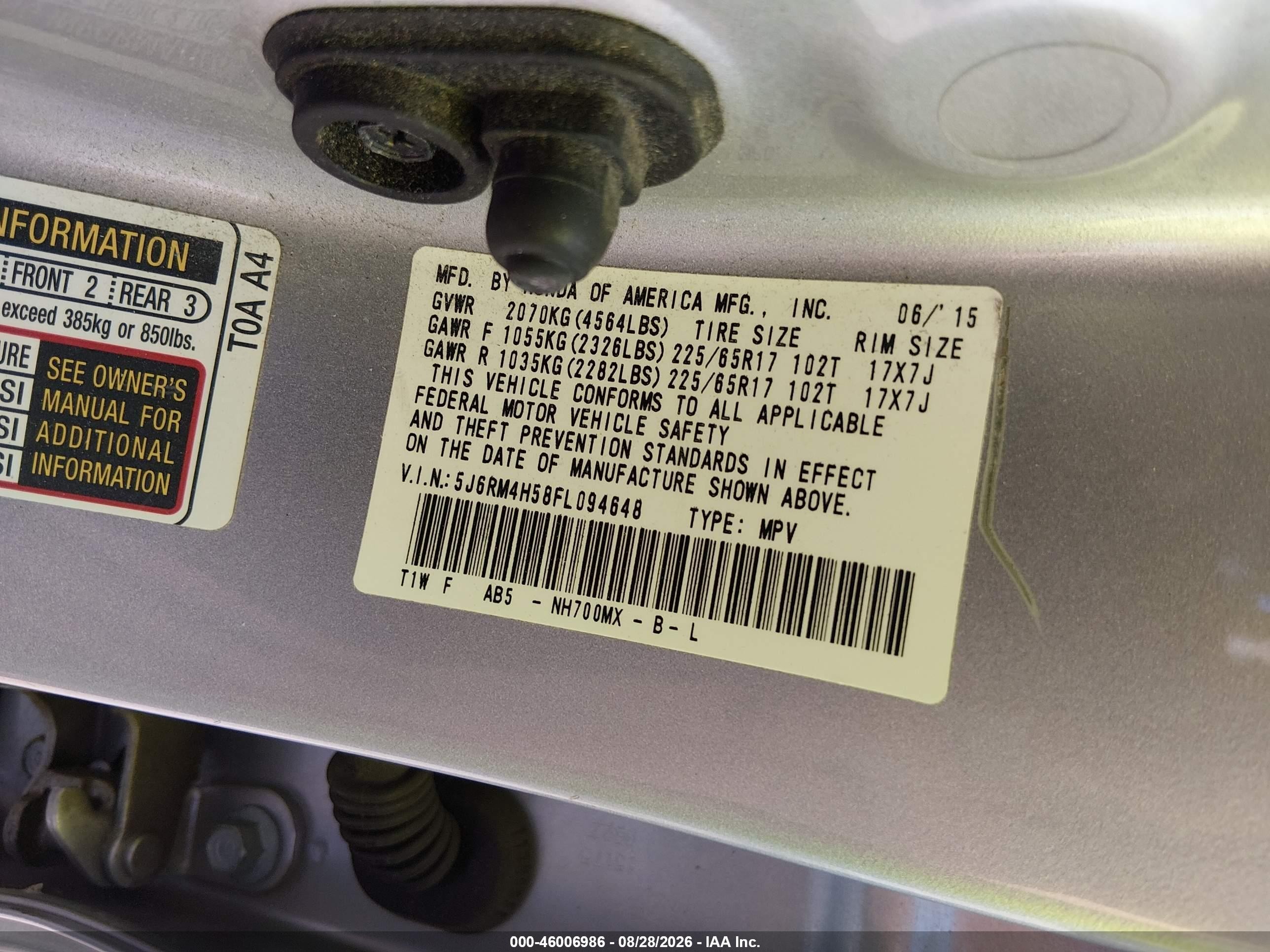 2015 Honda Cr-v Ex Silver vin: 5J6RM4H58FL094648