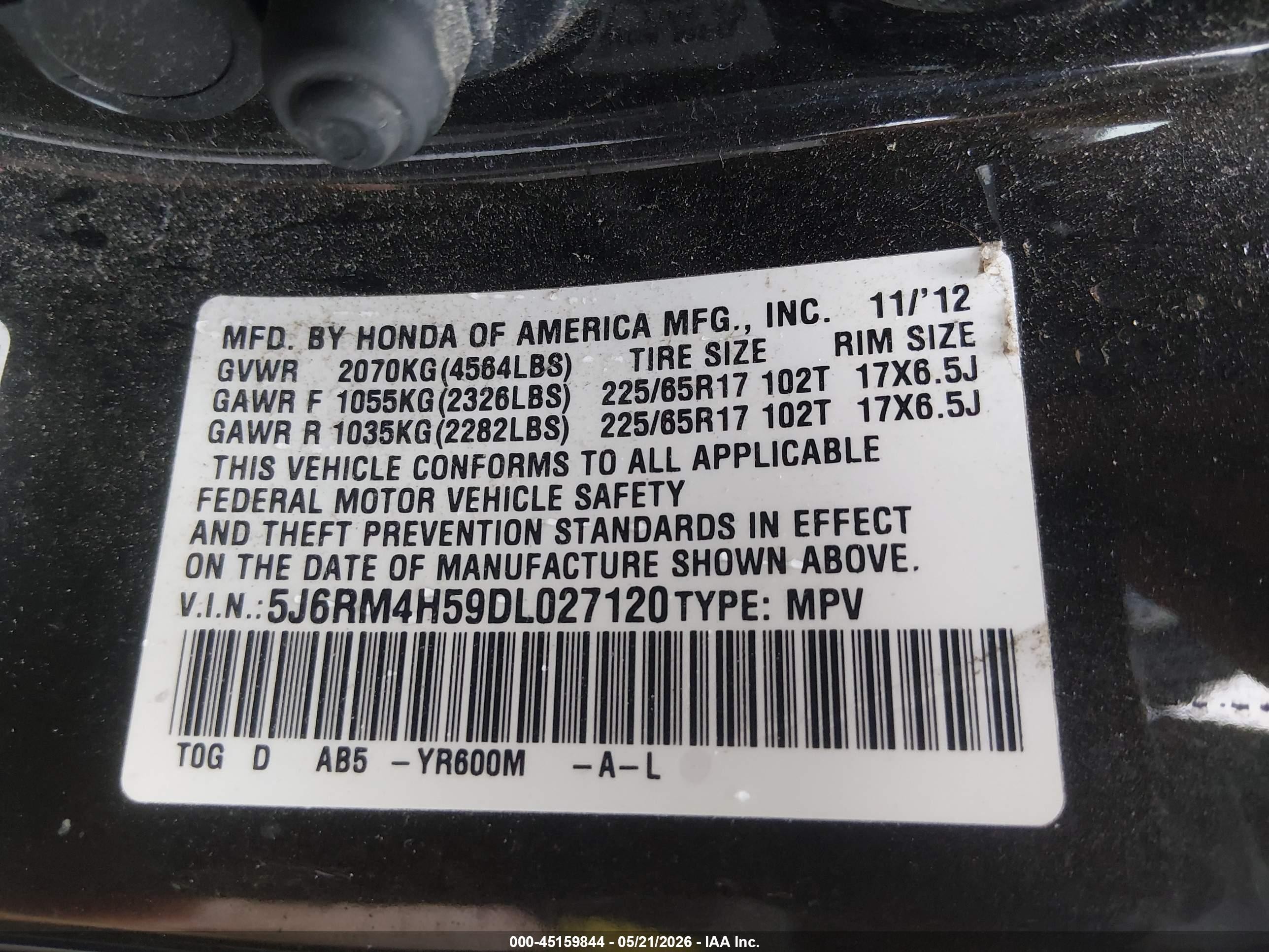 2013 Honda Cr-v Ex Black vin: 5J6RM4H59DL027120