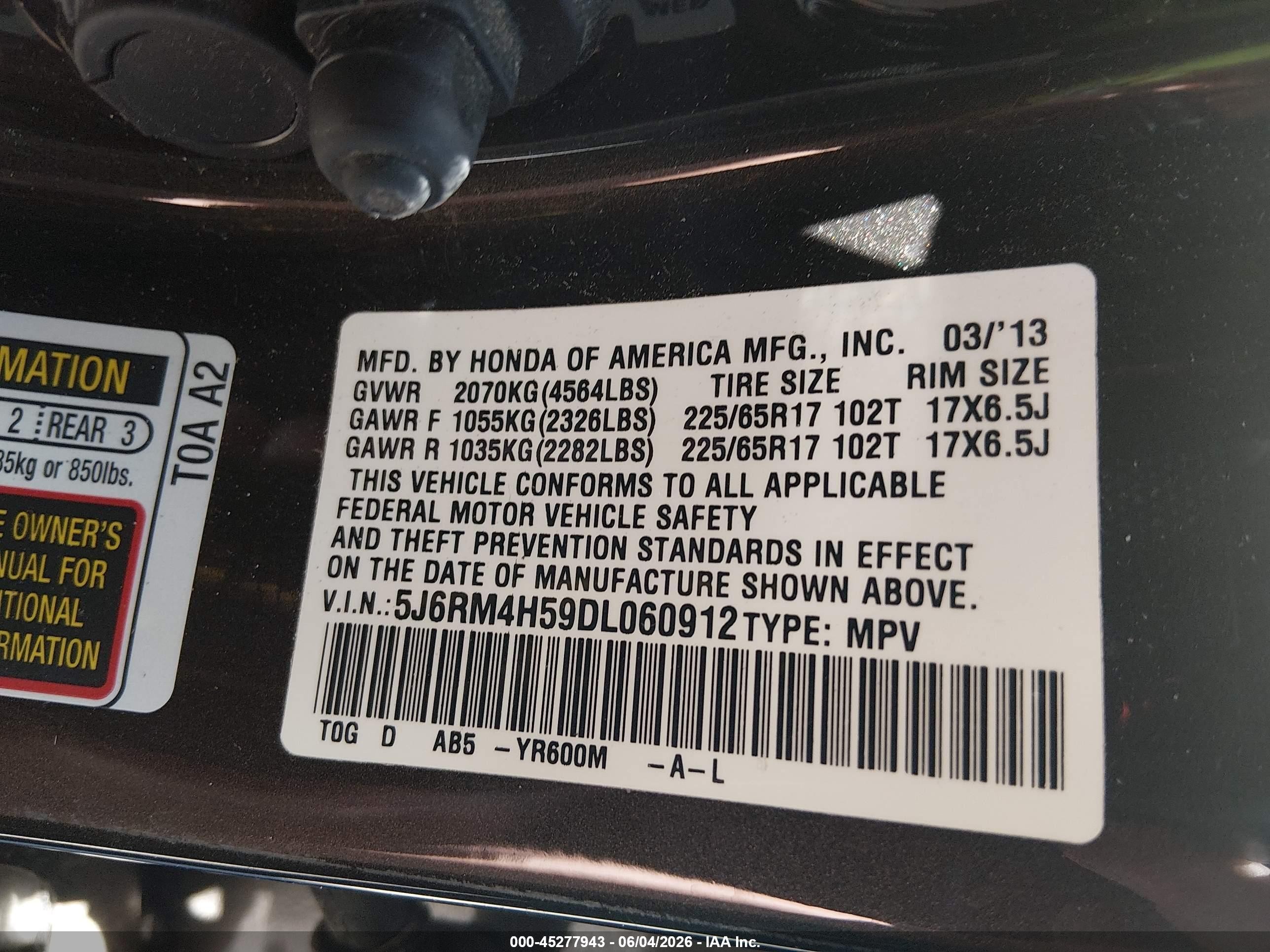 2013 Honda Cr-v Ex Black vin: 5J6RM4H59DL060912
