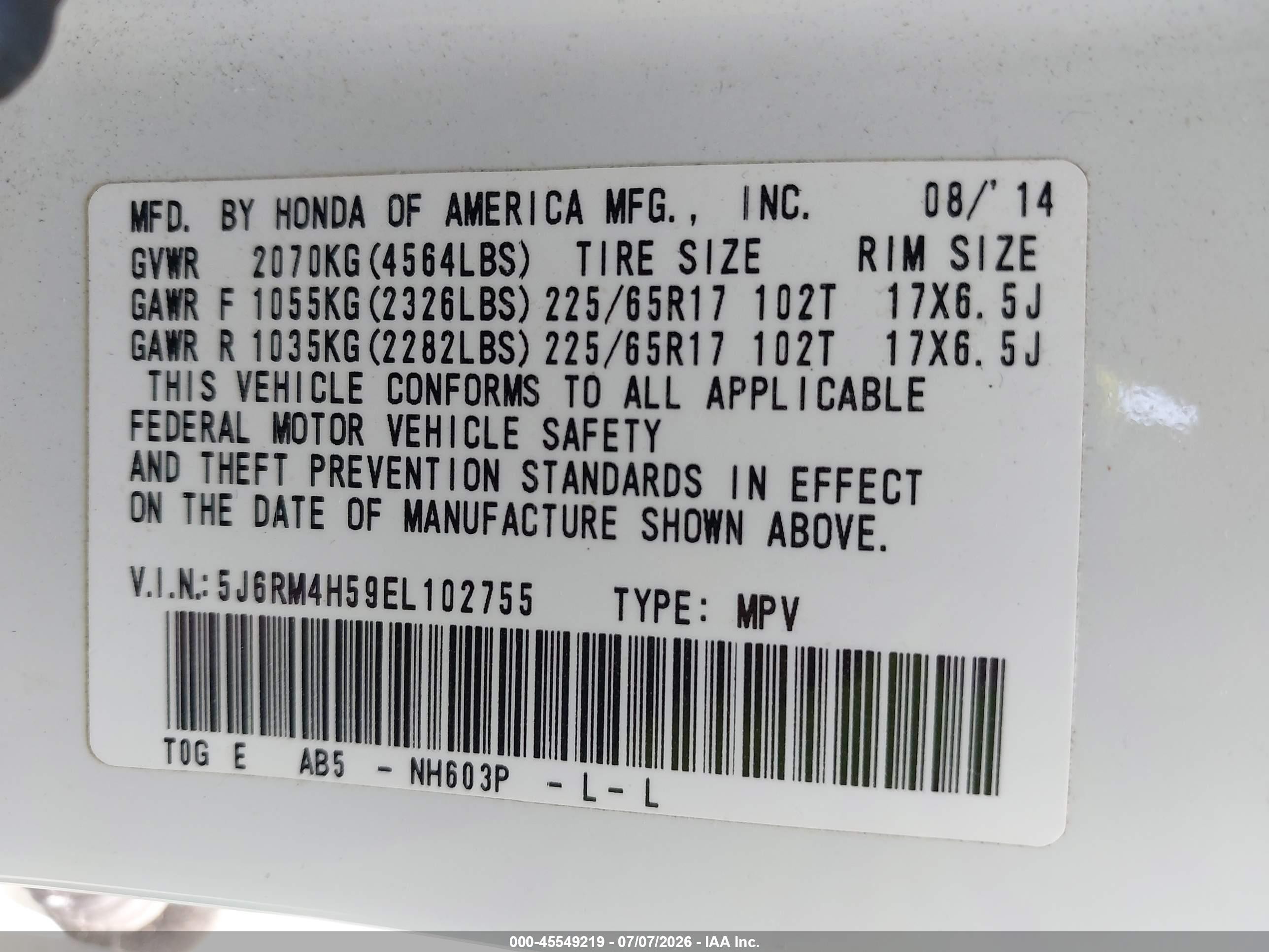2014 Honda Cr-v Ex White vin: 5J6RM4H59EL102755