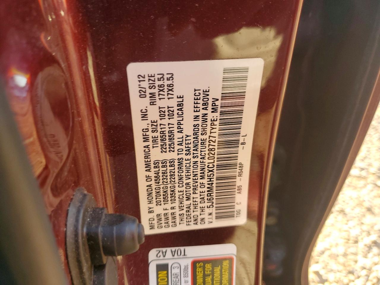 2012 Honda Cr-v Ex Burgundy vin: 5J6RM4H5XCL028727