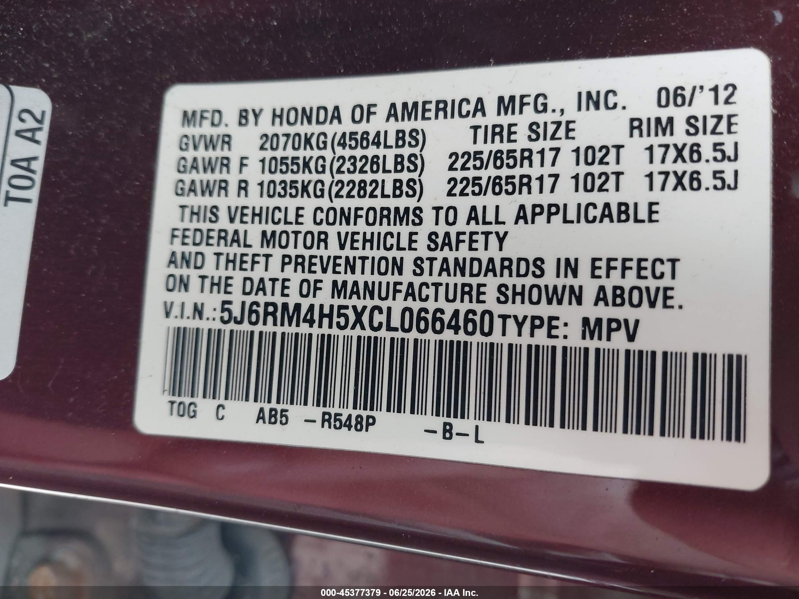 2012 Honda Cr-v Ex Maroon vin: 5J6RM4H5XCL066460