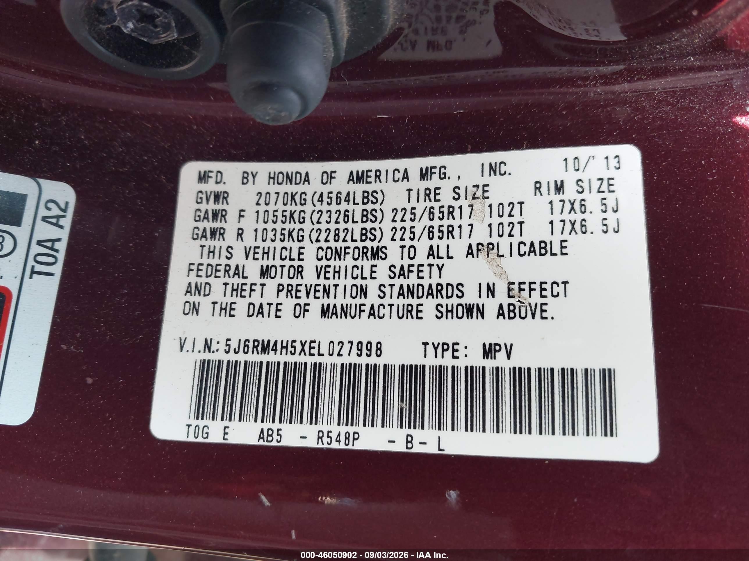 2014 Honda Cr-v Ex Maroon vin: 5J6RM4H5XEL027998