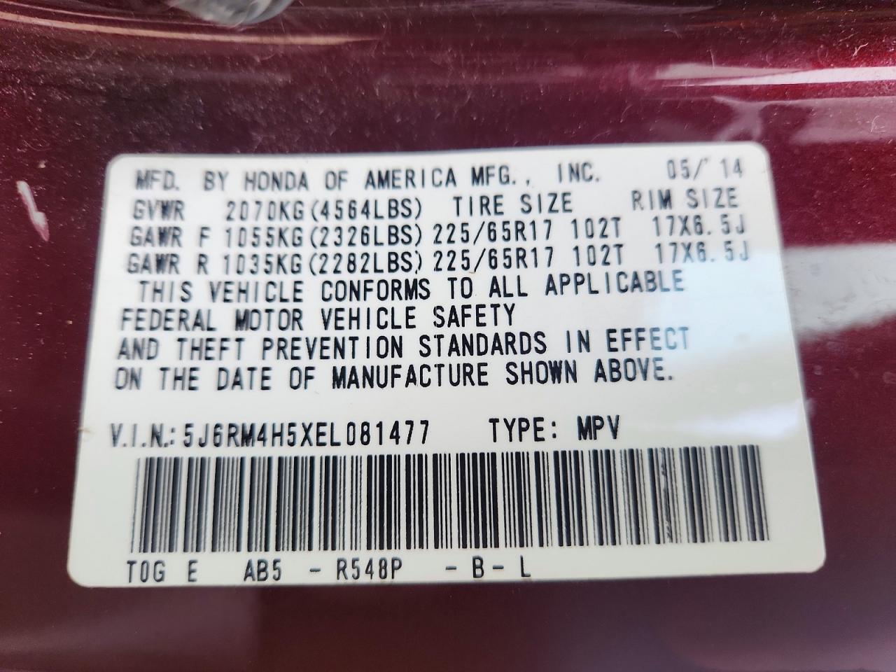 2014 Honda Cr-v Ex Burgundy vin: 5J6RM4H5XEL081477