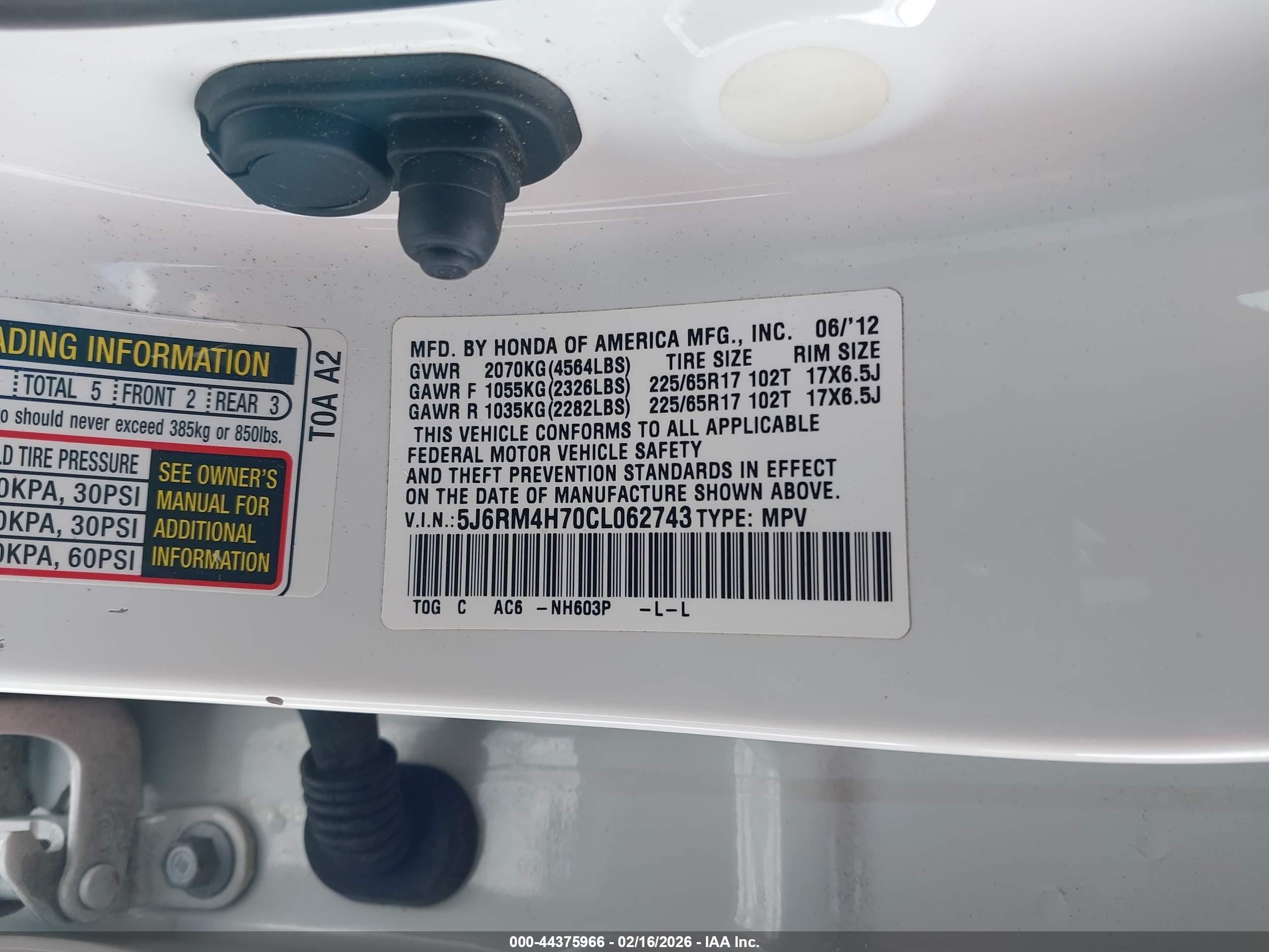 2012 Honda Cr-v Ex-l White vin: 5J6RM4H70CL062743
