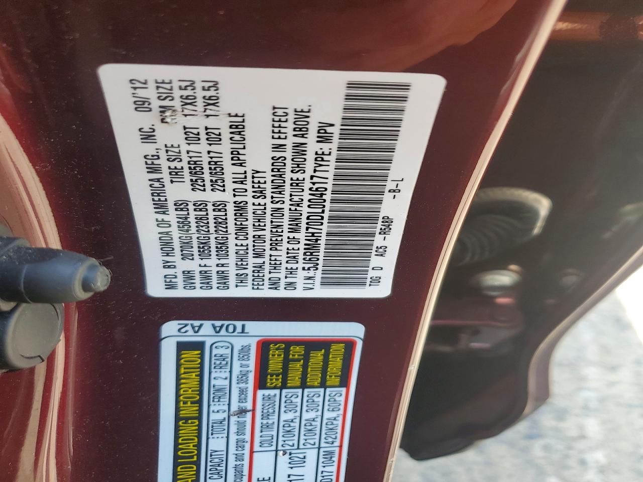 2013 Honda Cr-v Exl Burgundy vin: 5J6RM4H70DL004617