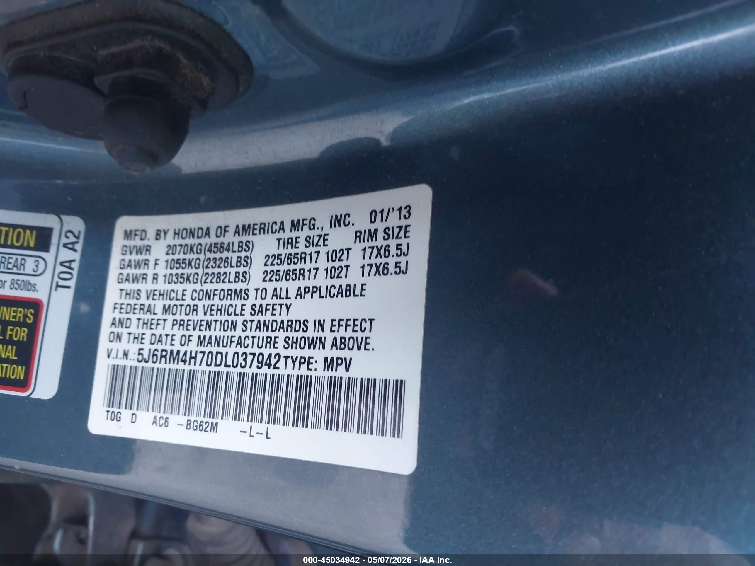 2013 Honda Cr-v Ex-l Blue vin: 5J6RM4H70DL037942