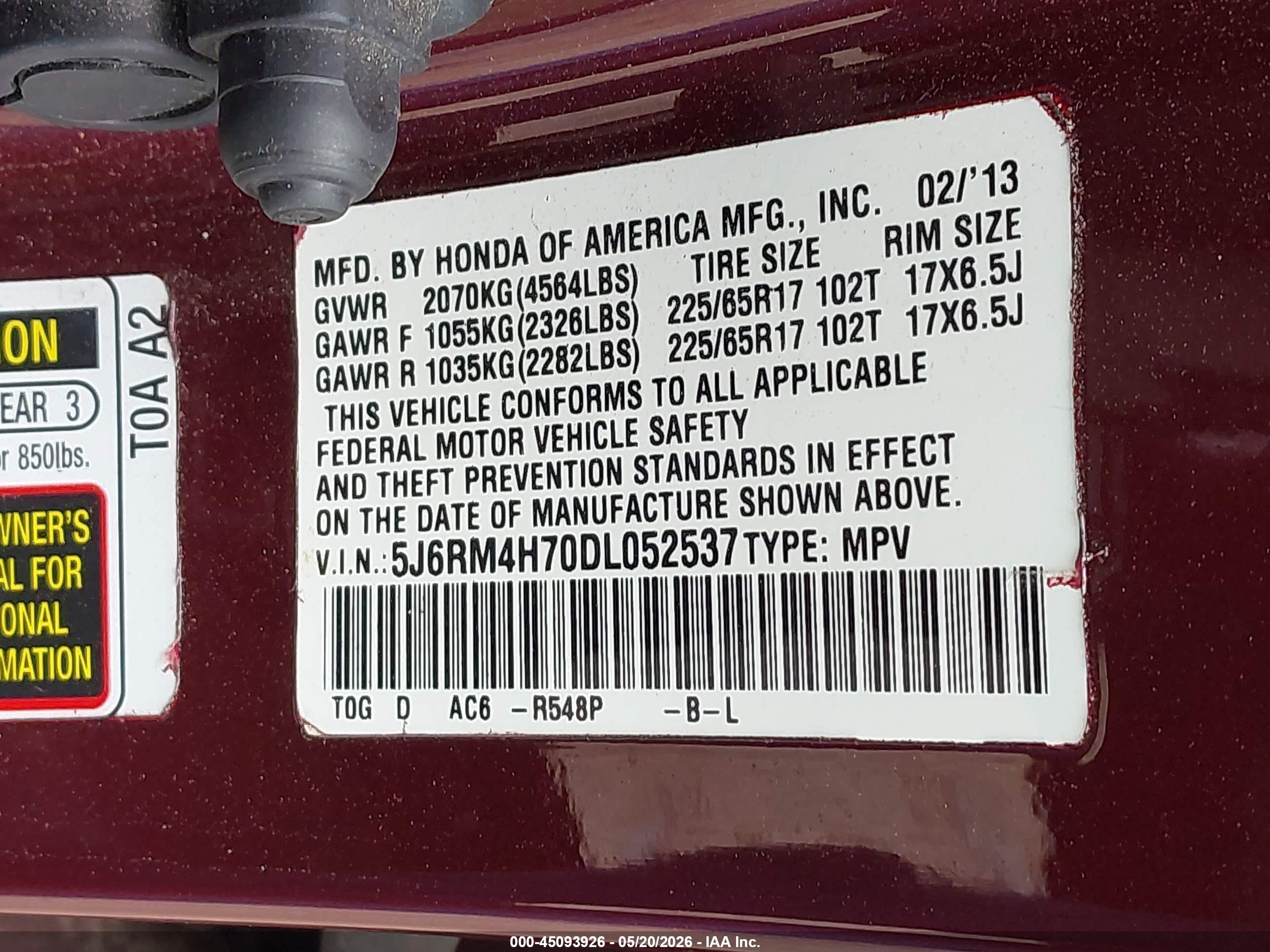 2013 Honda Cr-v Ex-l Burgundy vin: 5J6RM4H70DL052537