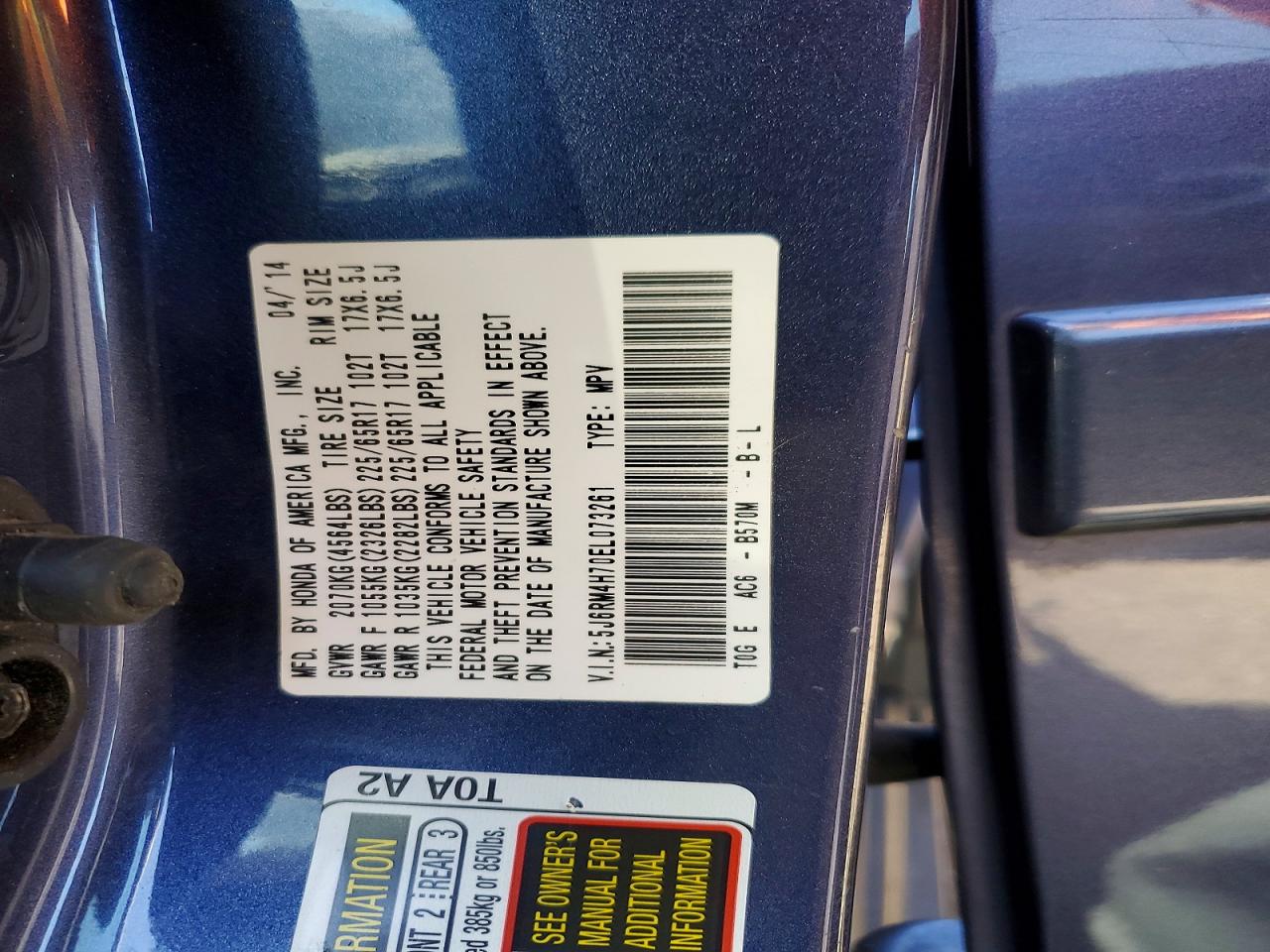 2014 Honda Cr-v Exl Blue vin: 5J6RM4H70EL073261