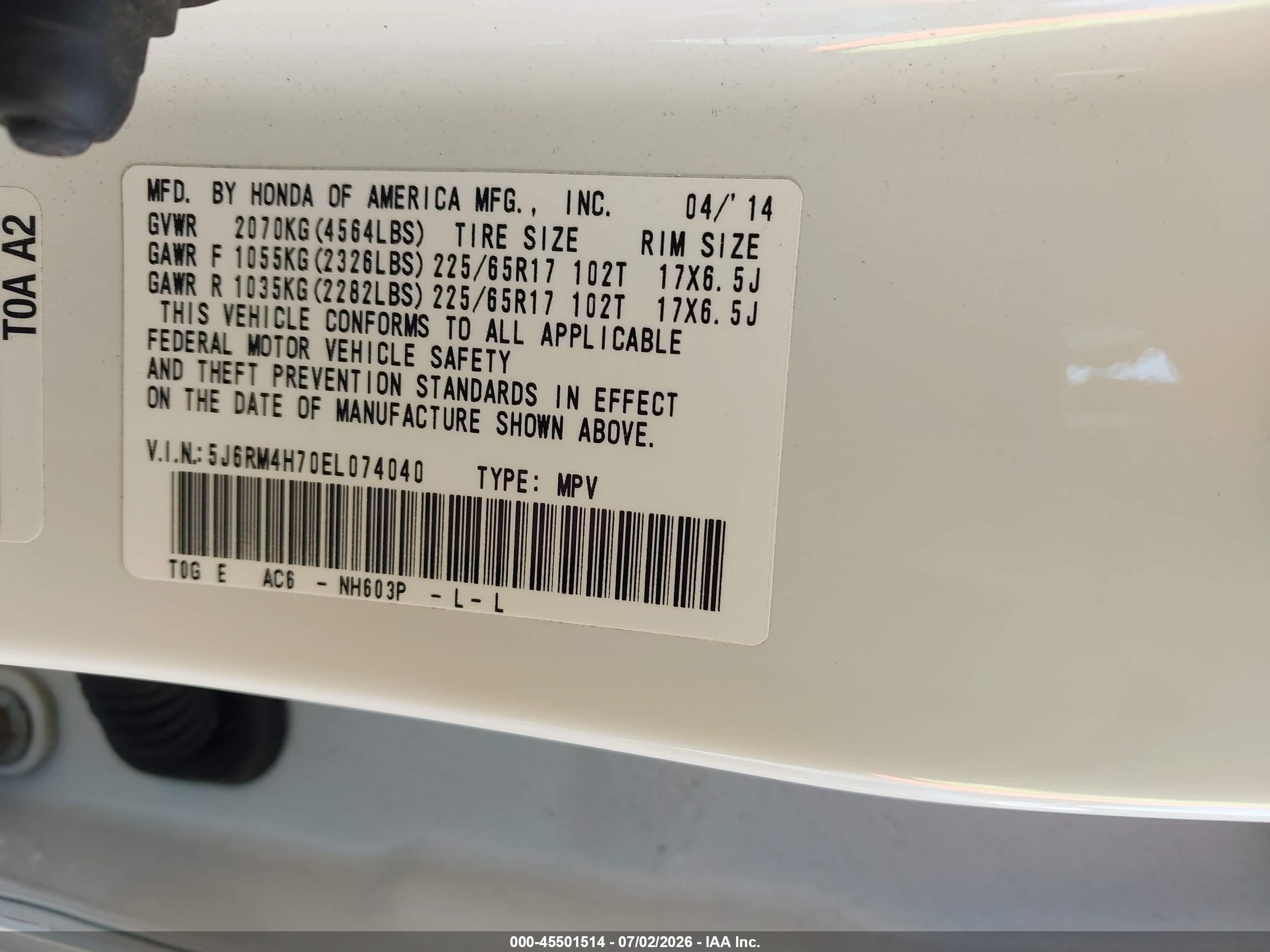 2014 Honda Cr-v Ex-l White vin: 5J6RM4H70EL074040