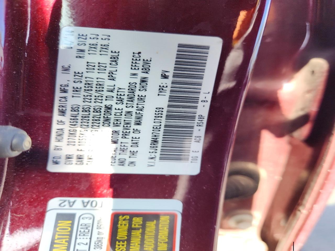 2014 Honda Cr-v Exl Burgundy vin: 5J6RM4H70EL079559
