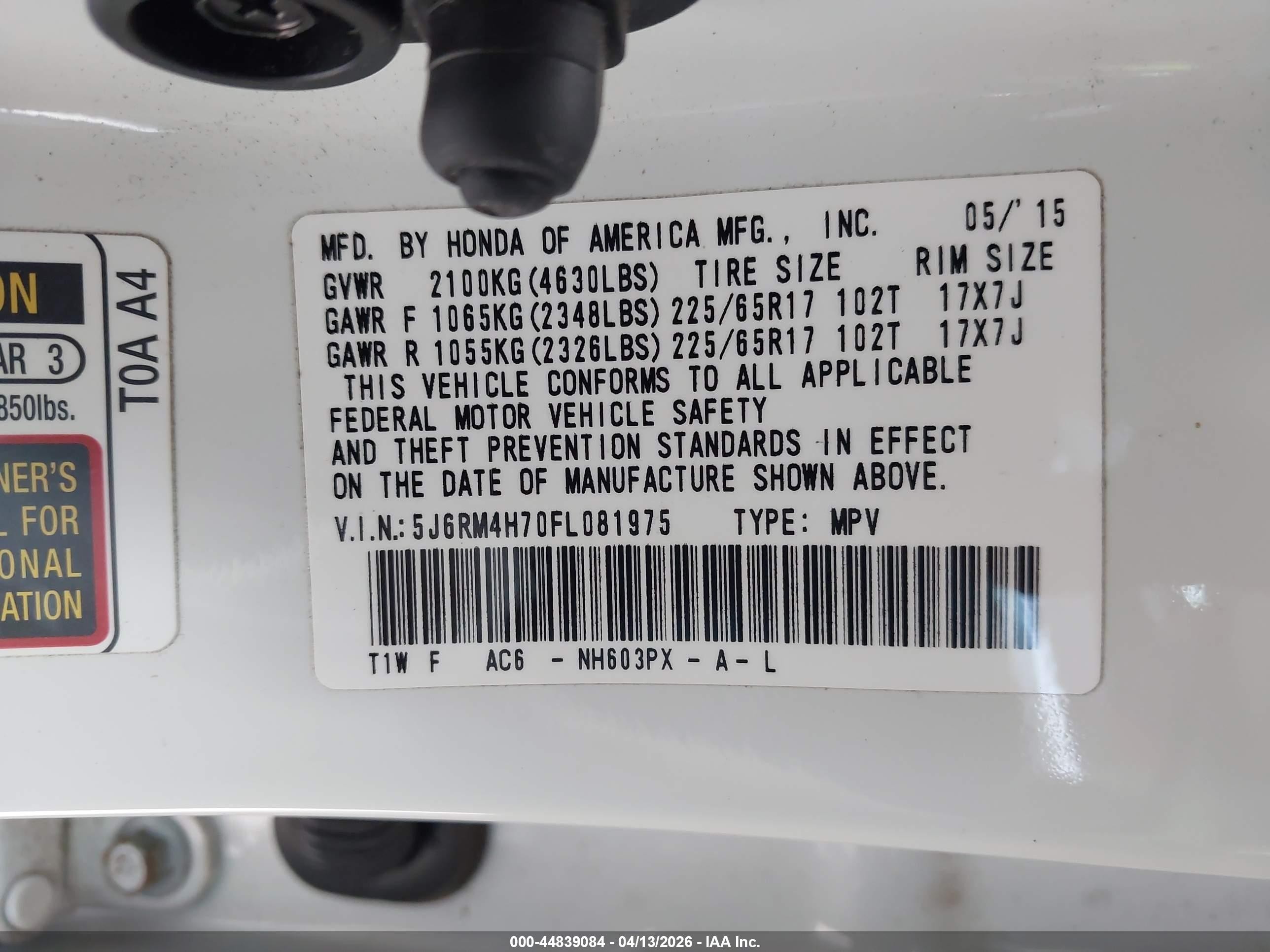 2015 Honda Cr-v Ex-l White vin: 5J6RM4H70FL081975