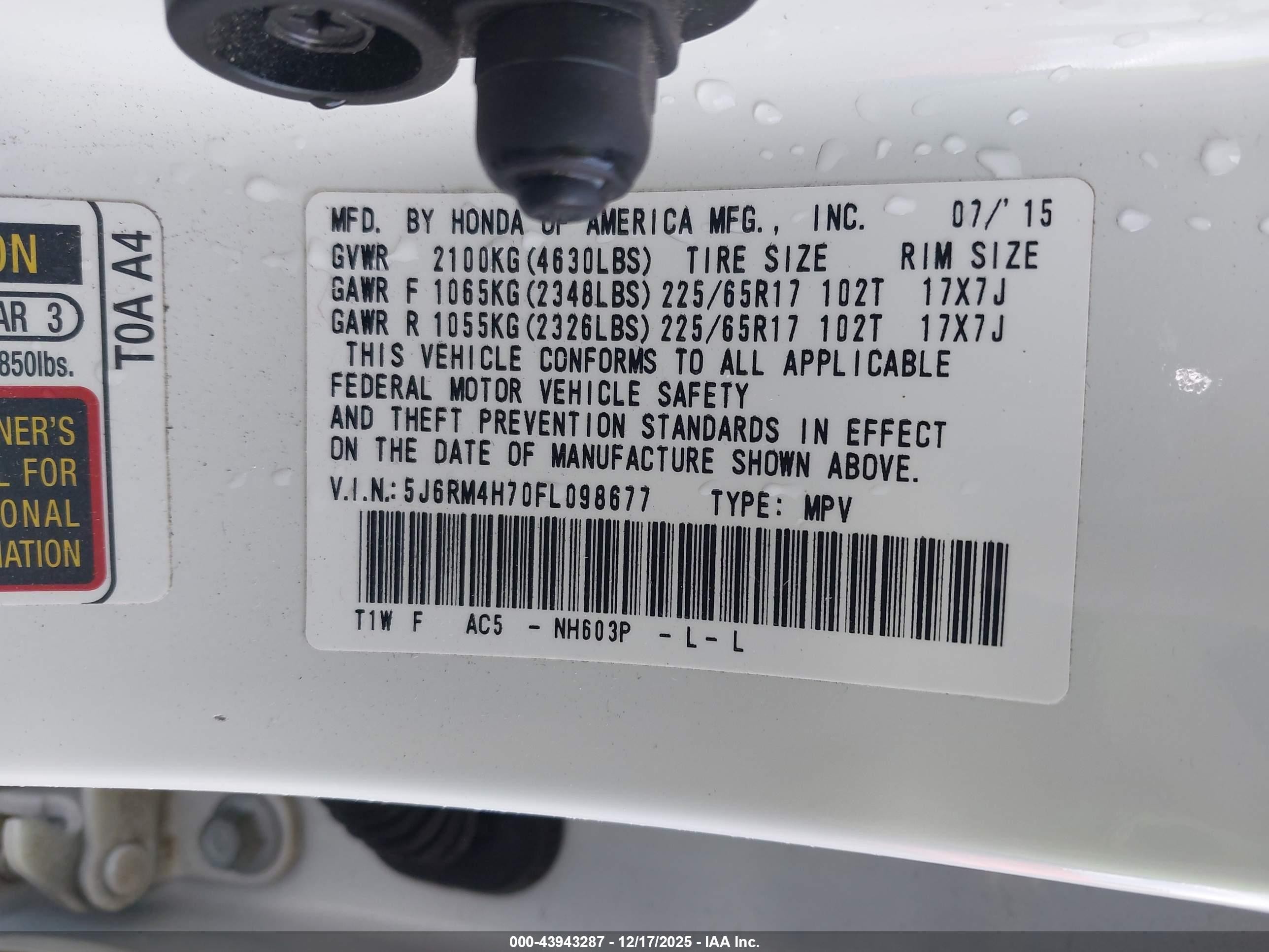 2015 Honda Cr-v Ex-l White vin: 5J6RM4H70FL098677
