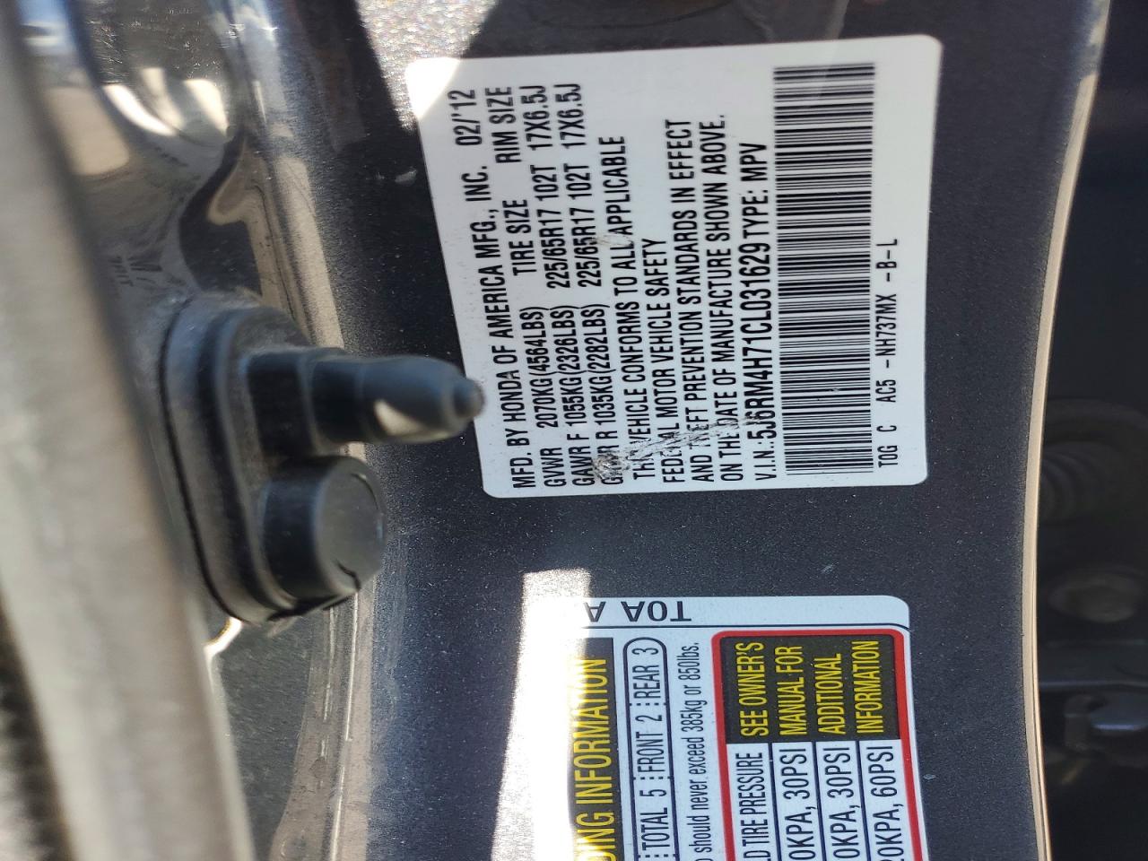 2012 Honda Cr-v Exl Charcoal vin: 5J6RM4H71CL031629