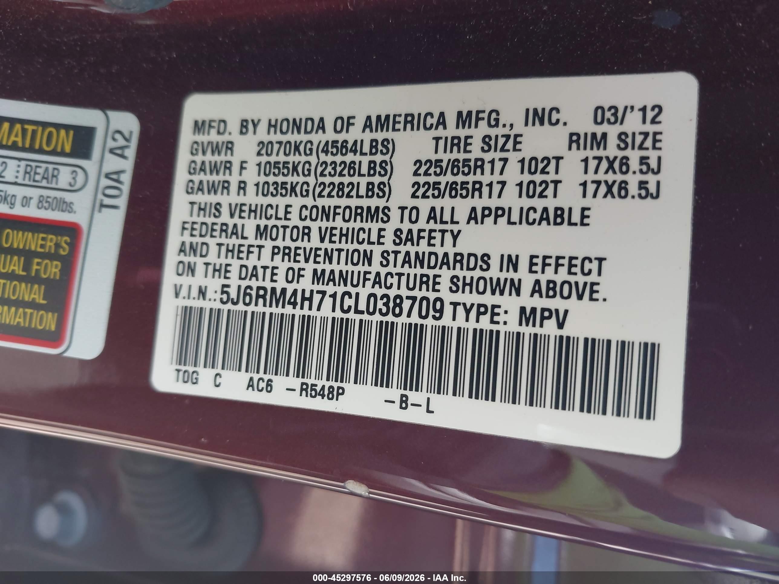 2012 Honda Cr-v Ex-l Burgundy vin: 5J6RM4H71CL038709