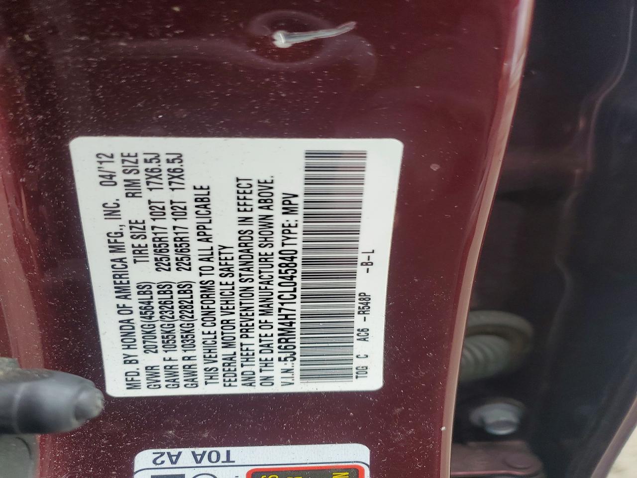 2012 Honda Cr-v Exl Burgundy vin: 5J6RM4H71CL045840