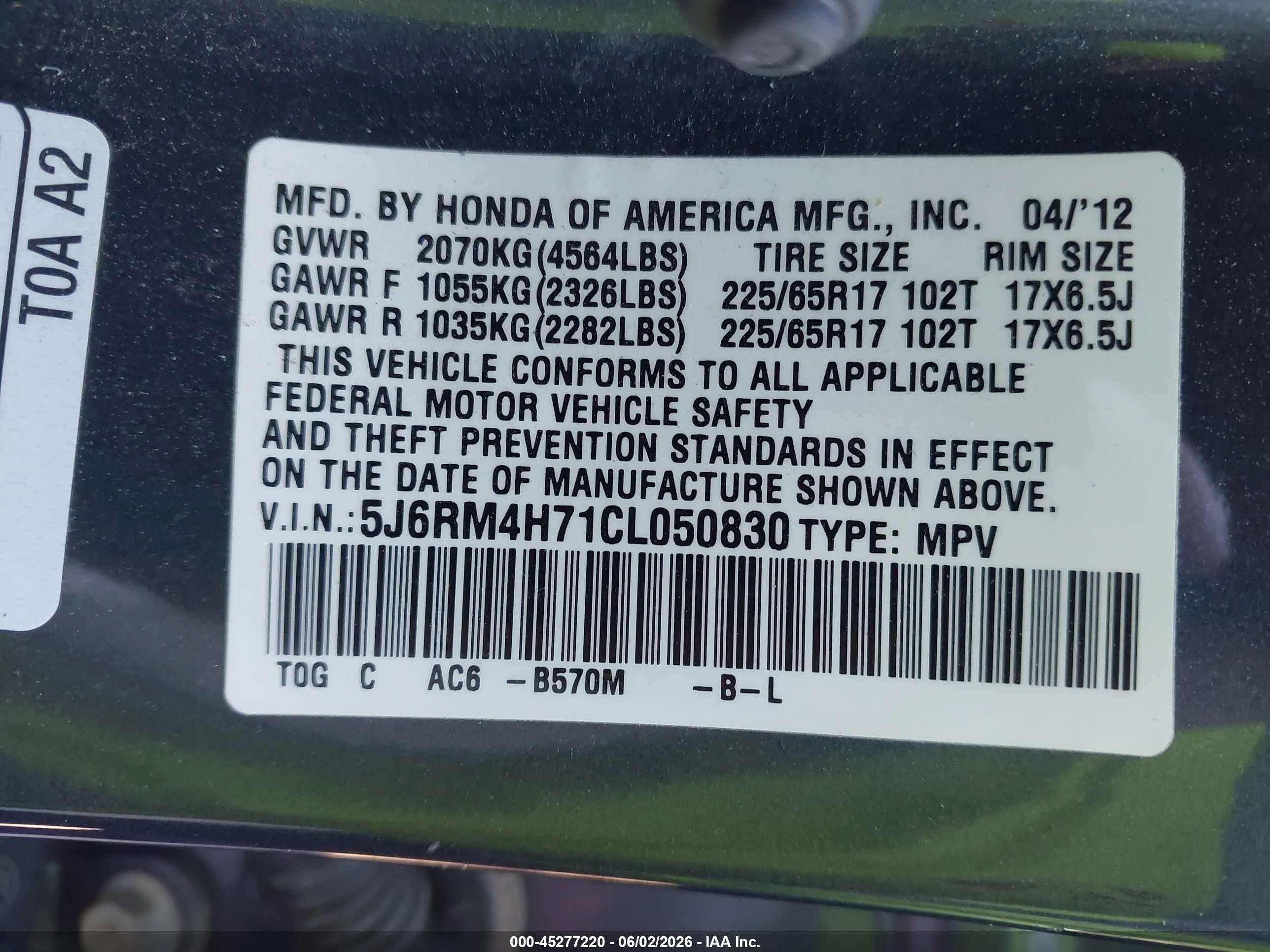 2012 Honda Cr-v Ex-l Light Blue vin: 5J6RM4H71CL050830