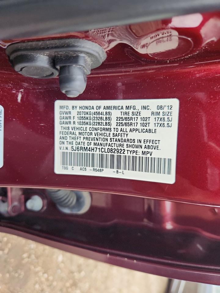 2012 Honda Cr-v Exl Burgundy vin: 5J6RM4H71CL082922