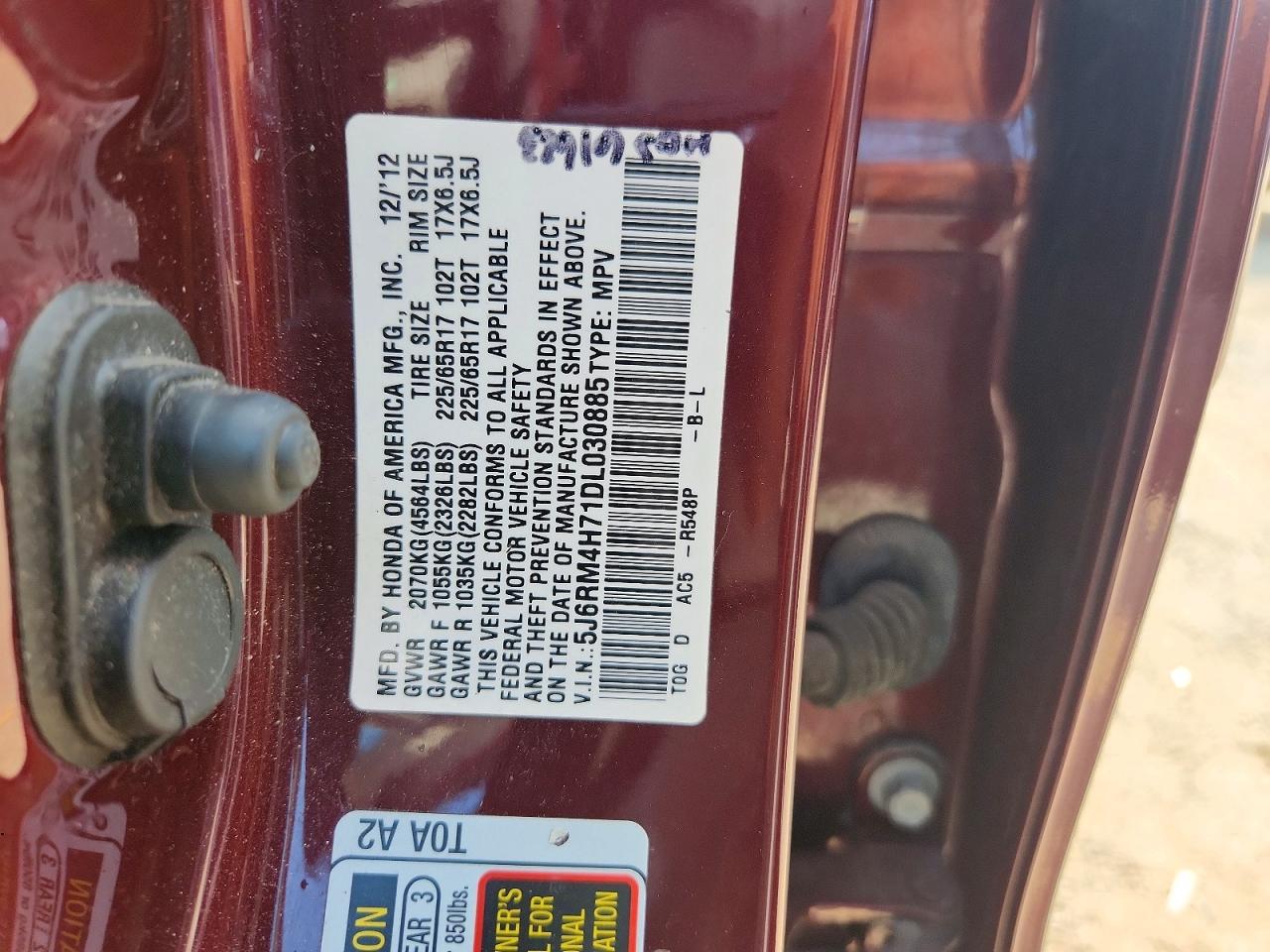 2013 Honda Cr-v Exl Burgundy vin: 5J6RM4H71DL030885