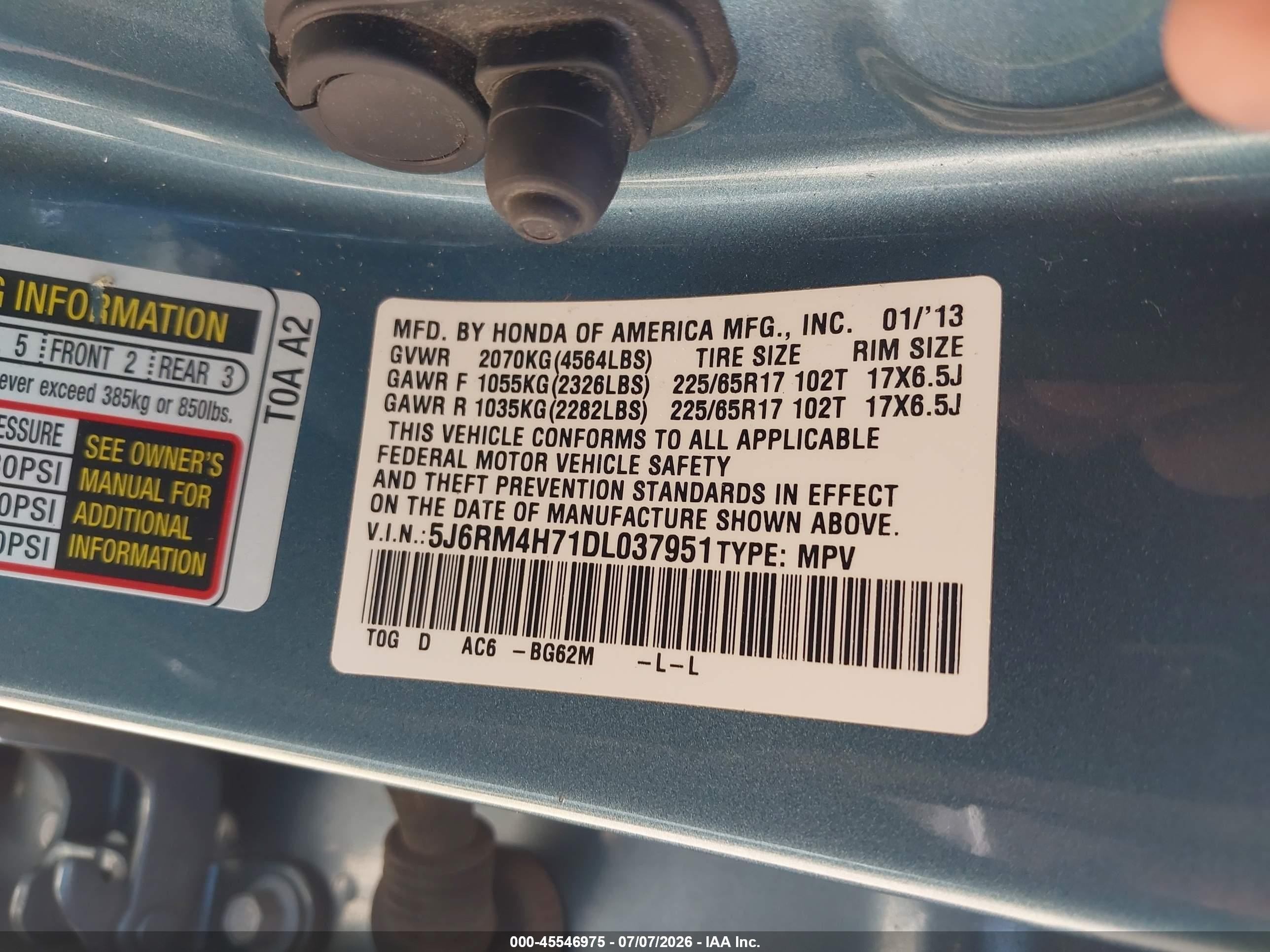 2013 Honda Cr-v Ex-l Blue vin: 5J6RM4H71DL037951