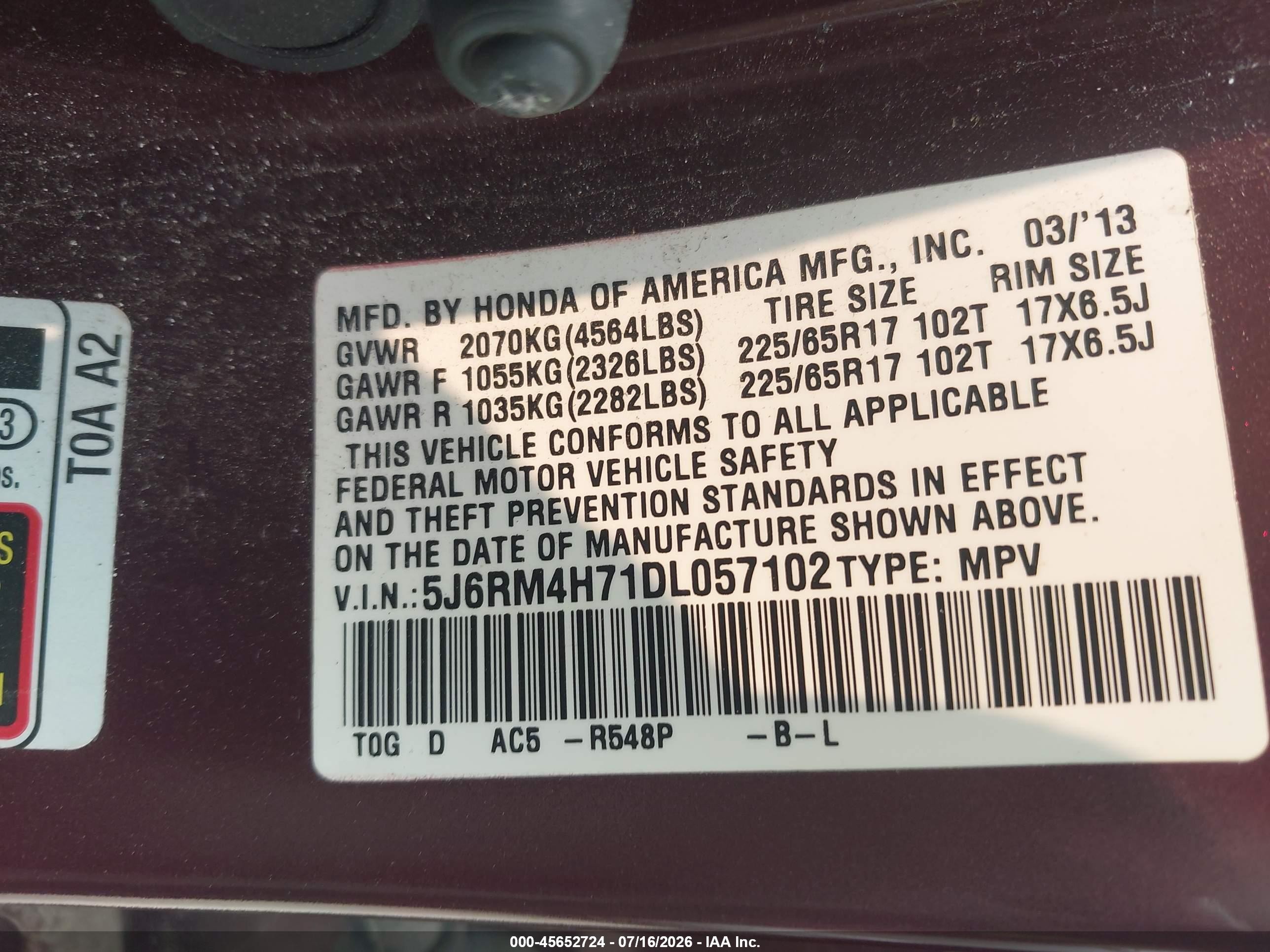 2013 Honda Cr-v Ex-l Maroon vin: 5J6RM4H71DL057102