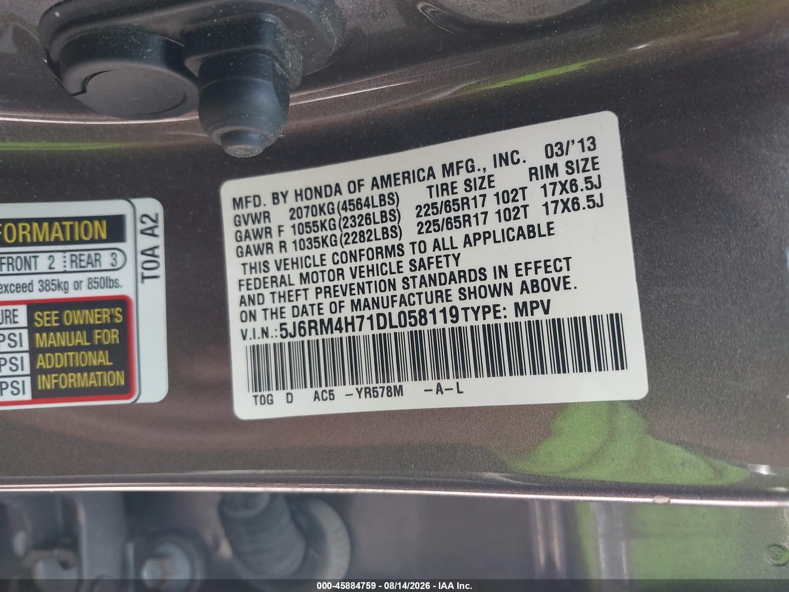 2013 Honda Cr-v Ex-l Серый vin: 5J6RM4H71DL058119