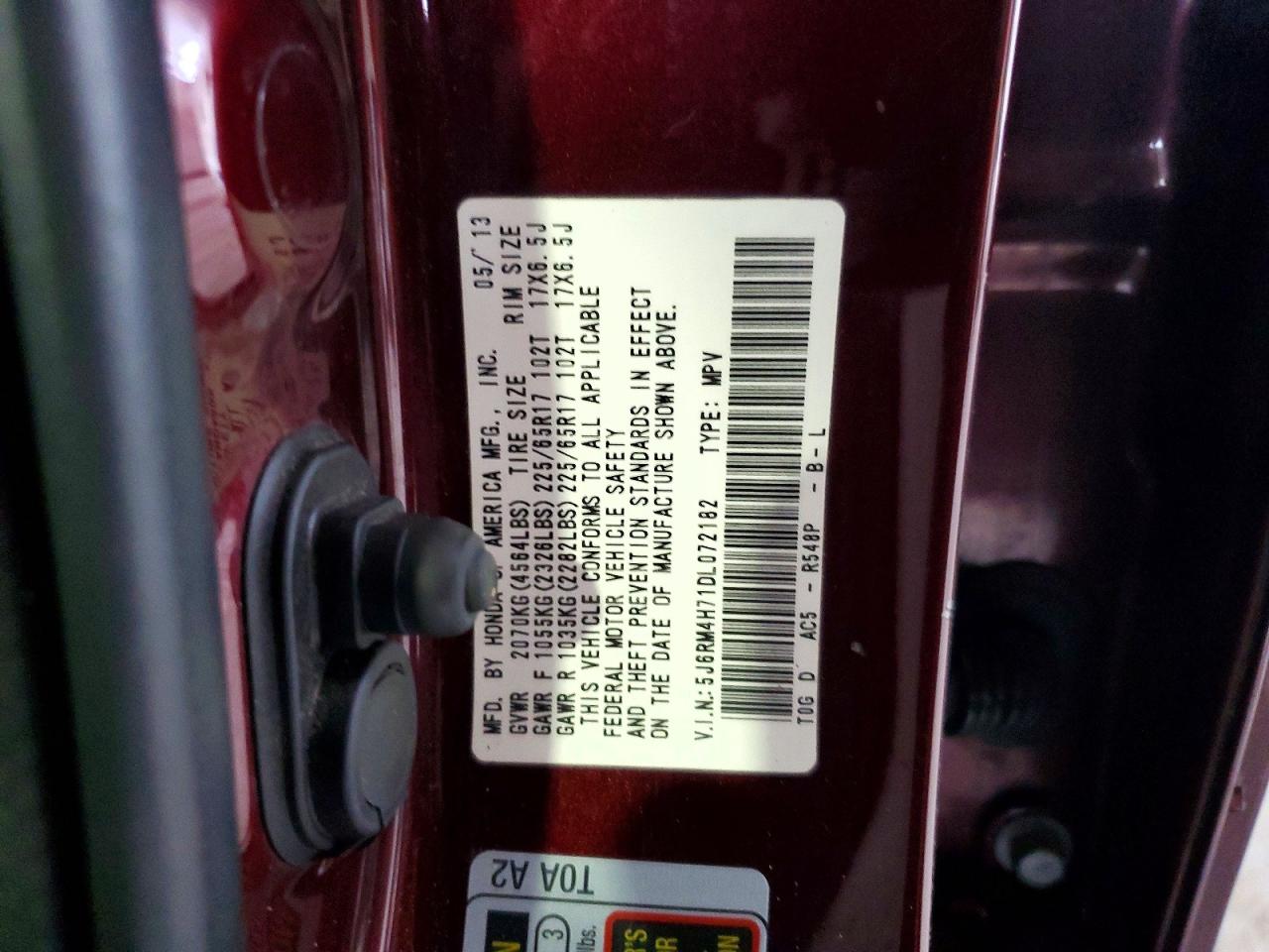 2013 Honda Cr-v Exl Burgundy vin: 5J6RM4H71DL072182