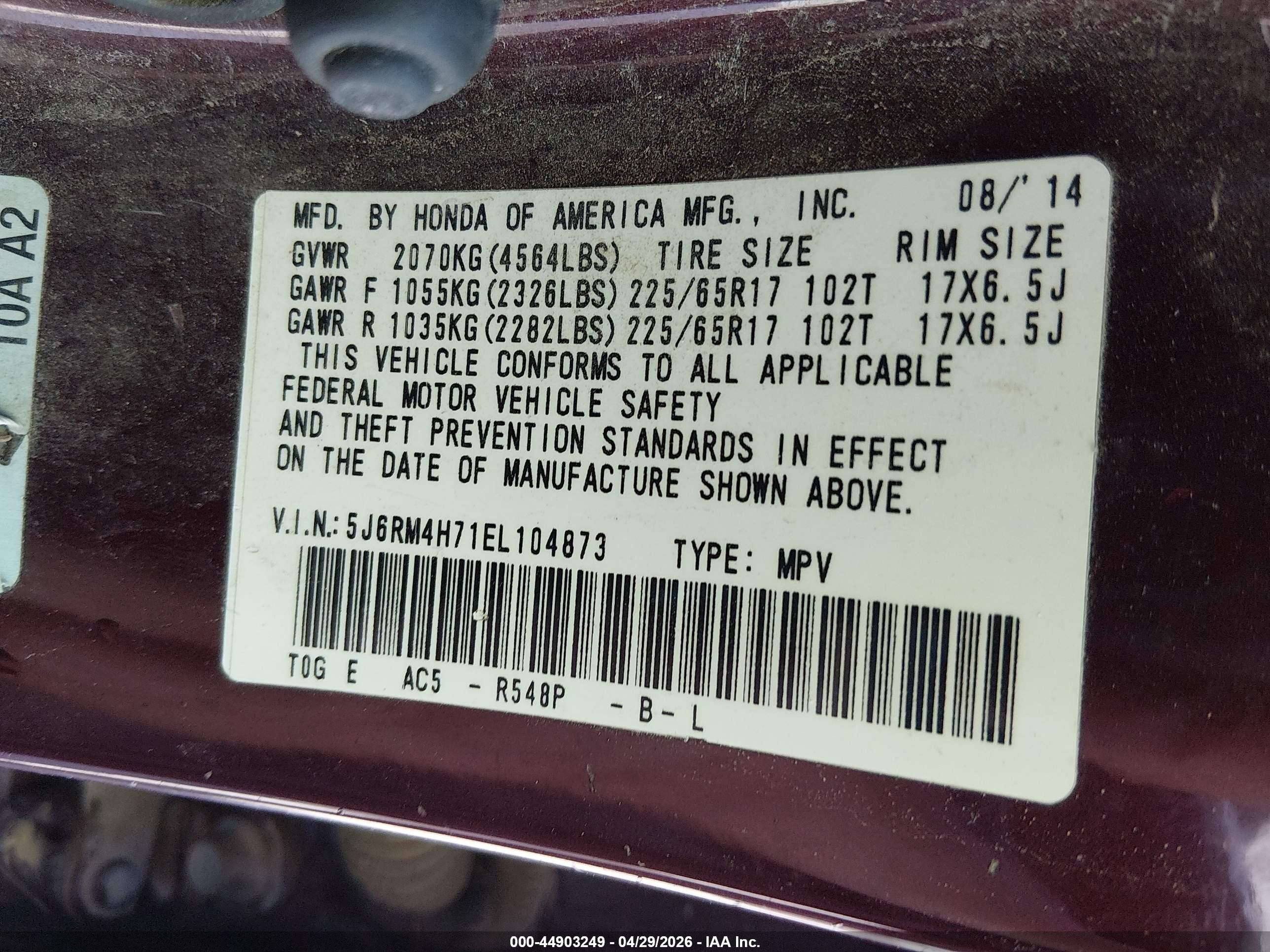 2014 Honda Cr-v Ex-l Maroon vin: 5J6RM4H71EL104873