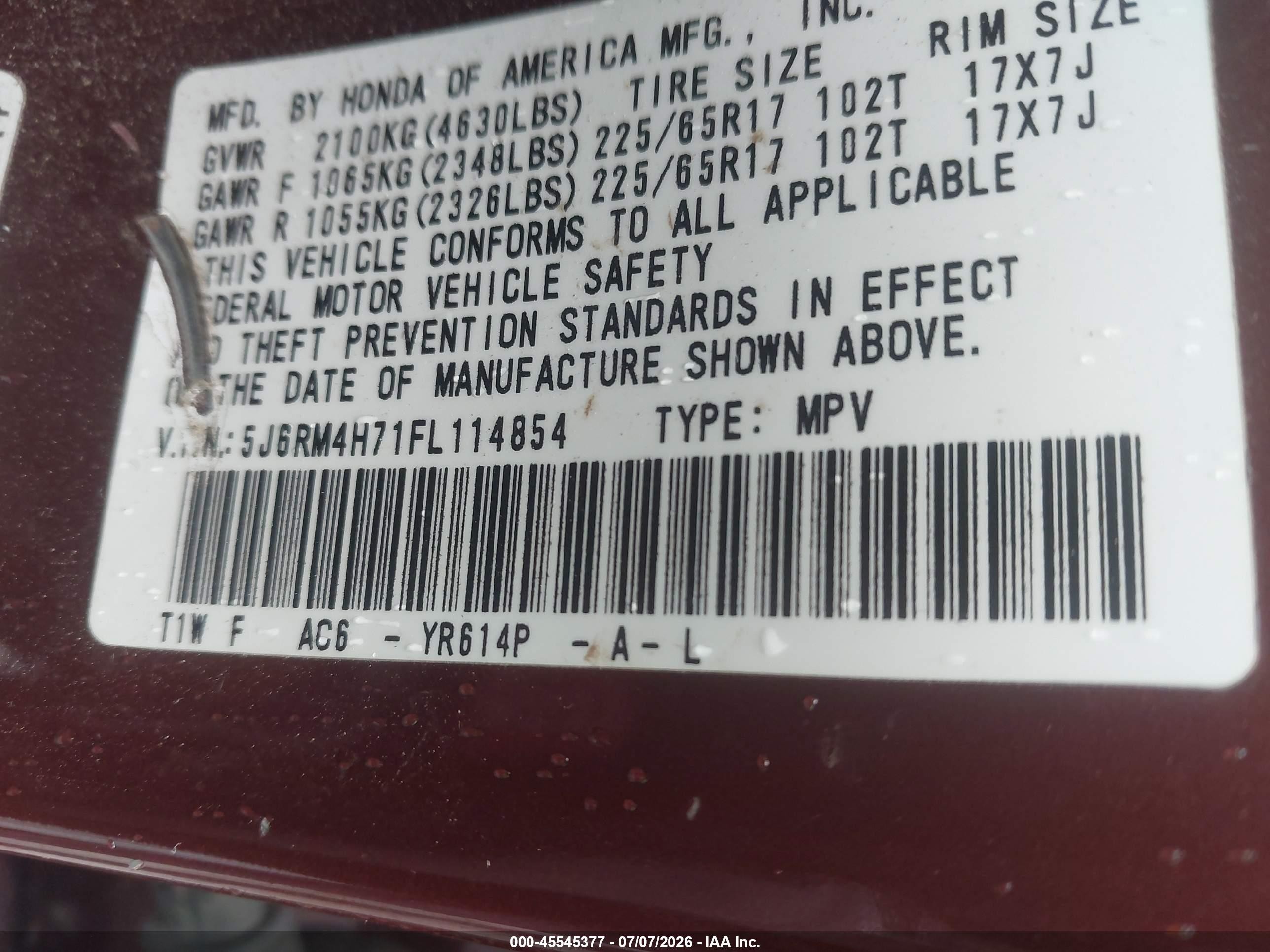 2015 Honda Cr-v Ex-l Maroon vin: 5J6RM4H71FL114854