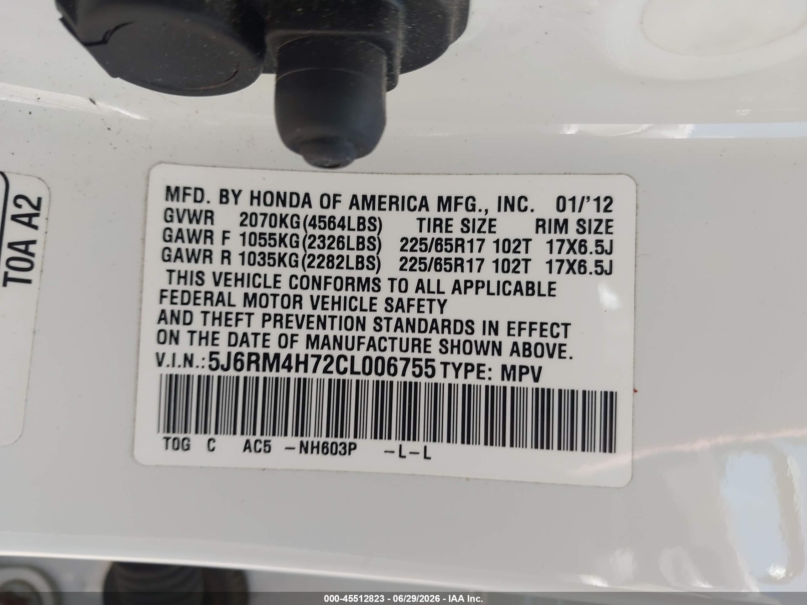 2012 Honda Cr-v Ex-l White vin: 5J6RM4H72CL006755