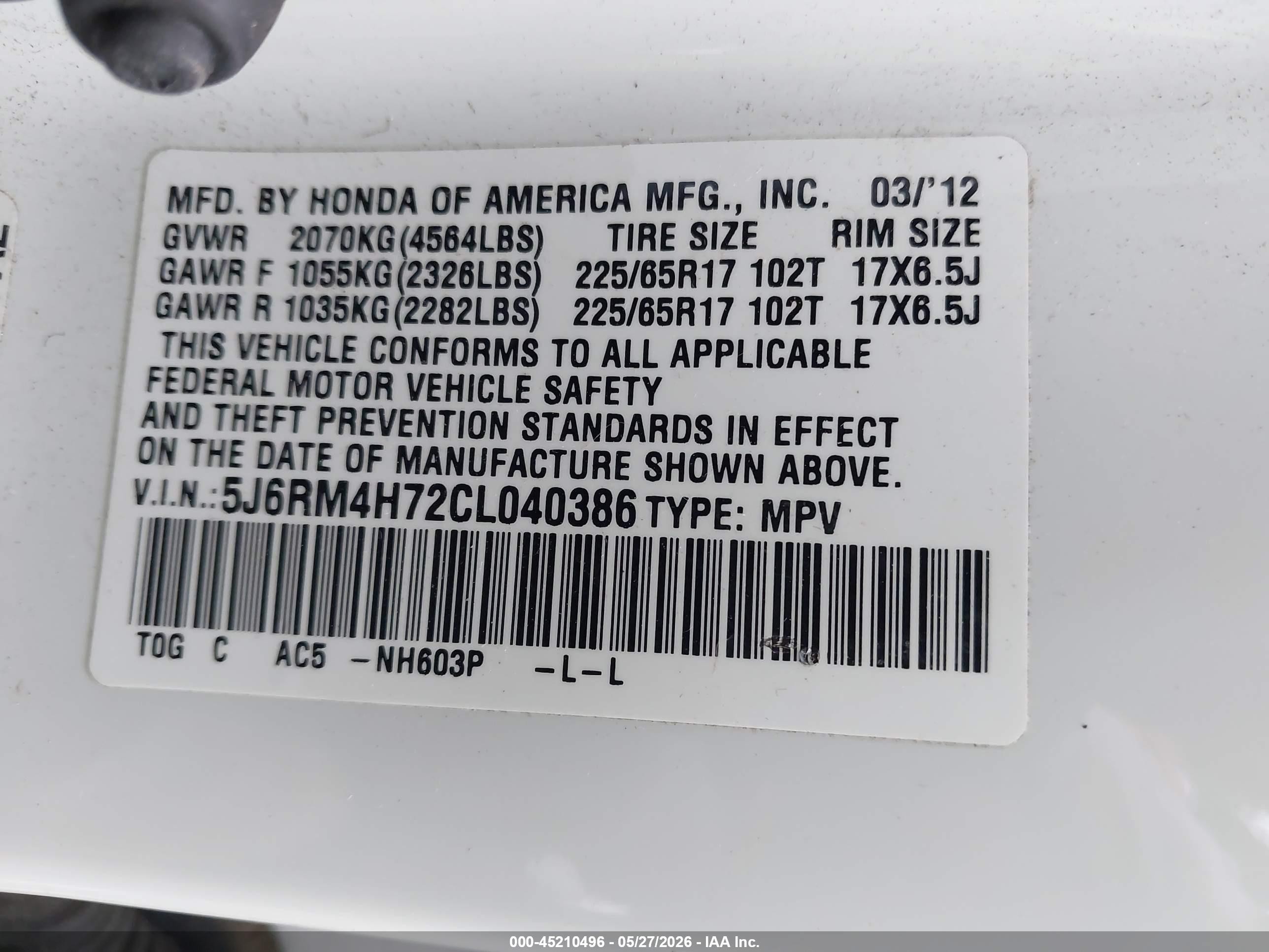 2012 Honda Cr-v Ex-l White vin: 5J6RM4H72CL040386