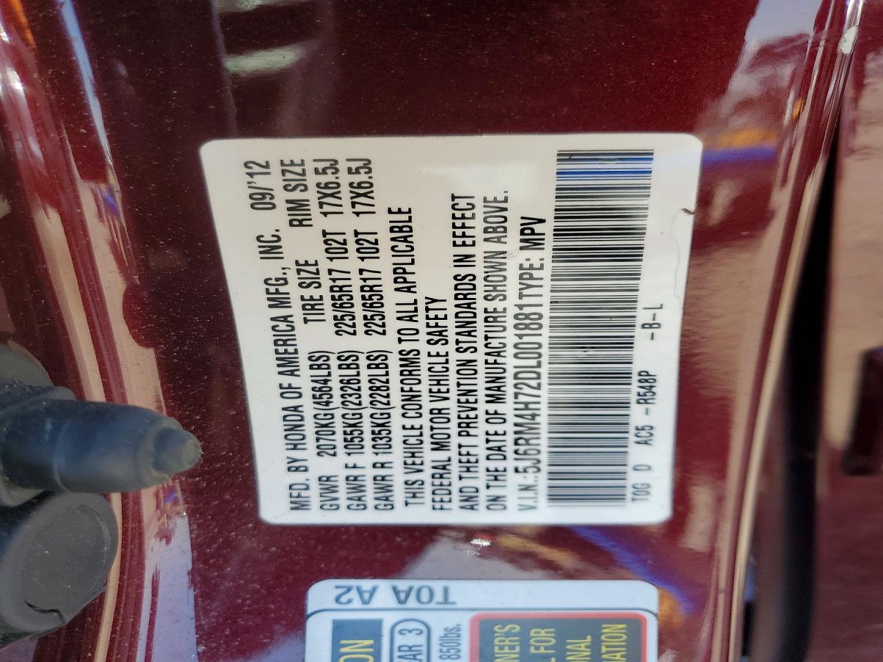 2013 Honda Cr-v Exl Burgundy vin: 5J6RM4H72DL001881
