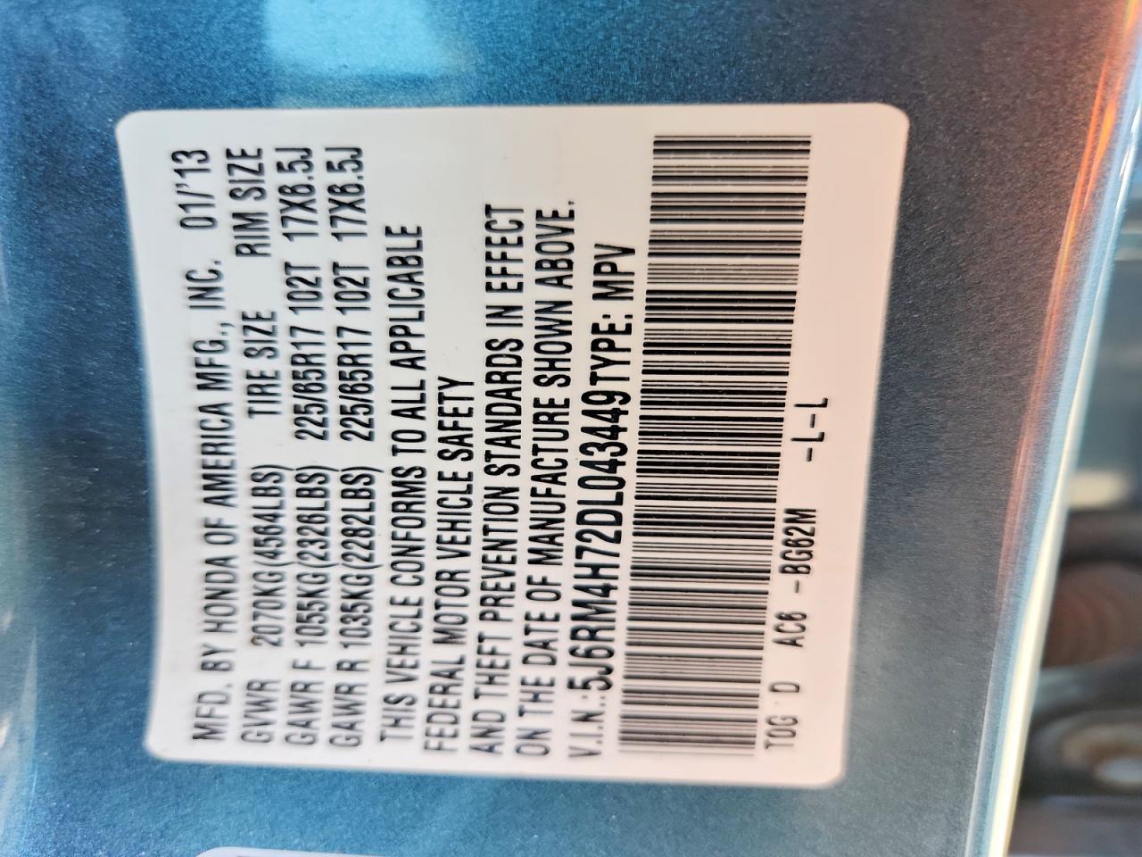 2013 Honda Cr-v Exl Turquoise vin: 5J6RM4H72DL043449