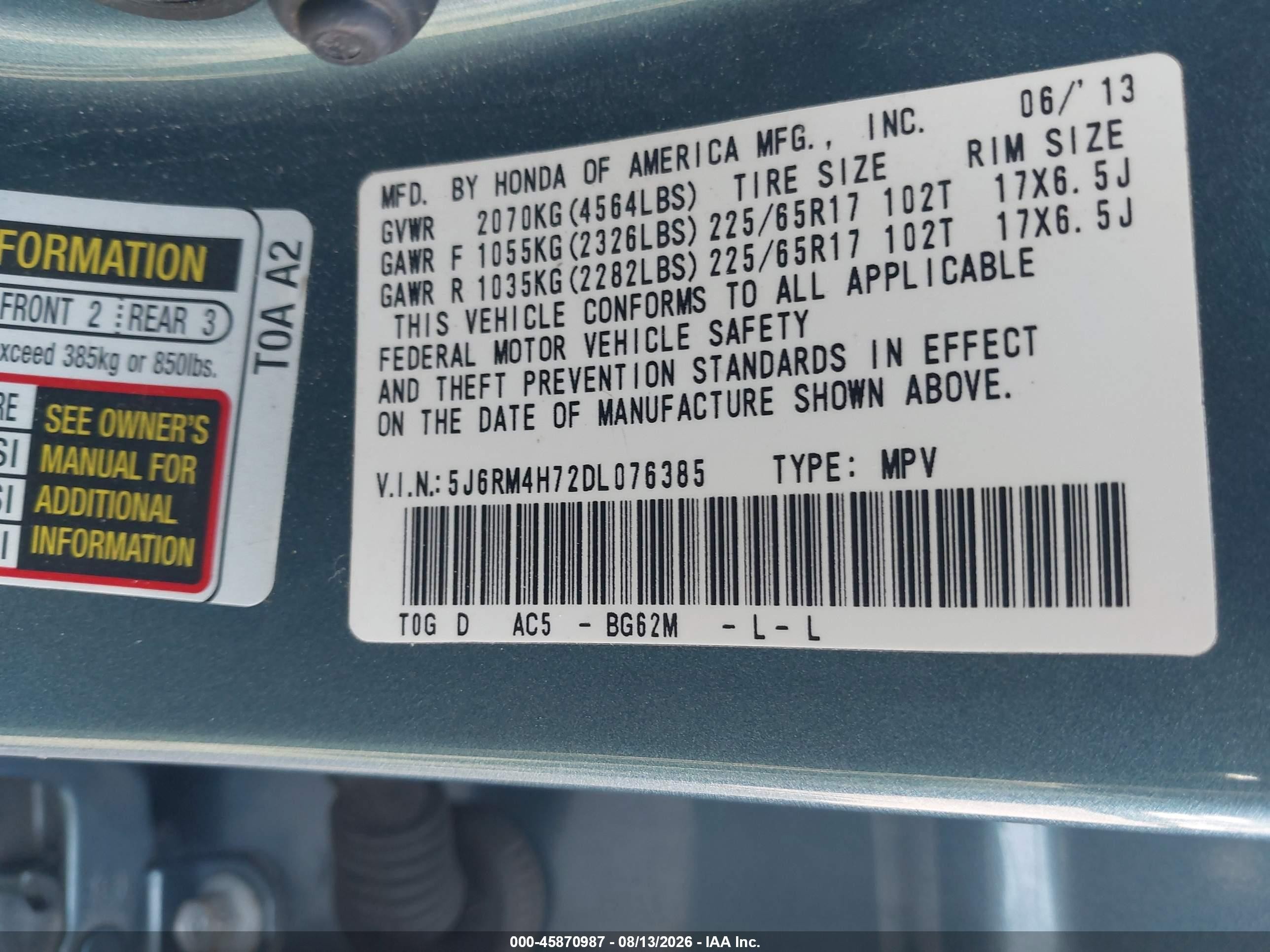 2013 Honda Cr-v Ex-l Blue vin: 5J6RM4H72DL076385