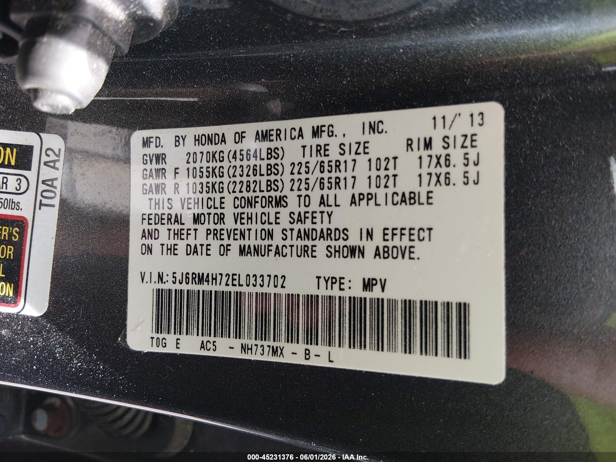 2014 Honda Cr-v Ex-l Gray vin: 5J6RM4H72EL033702