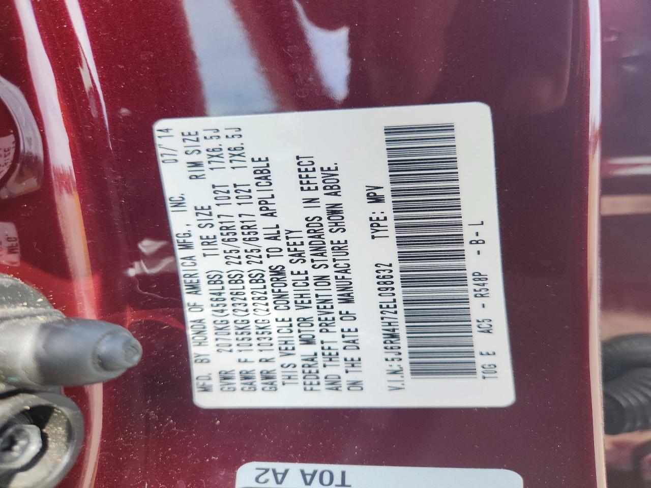 2014 Honda Cr-v Exl Burgundy vin: 5J6RM4H72EL098632