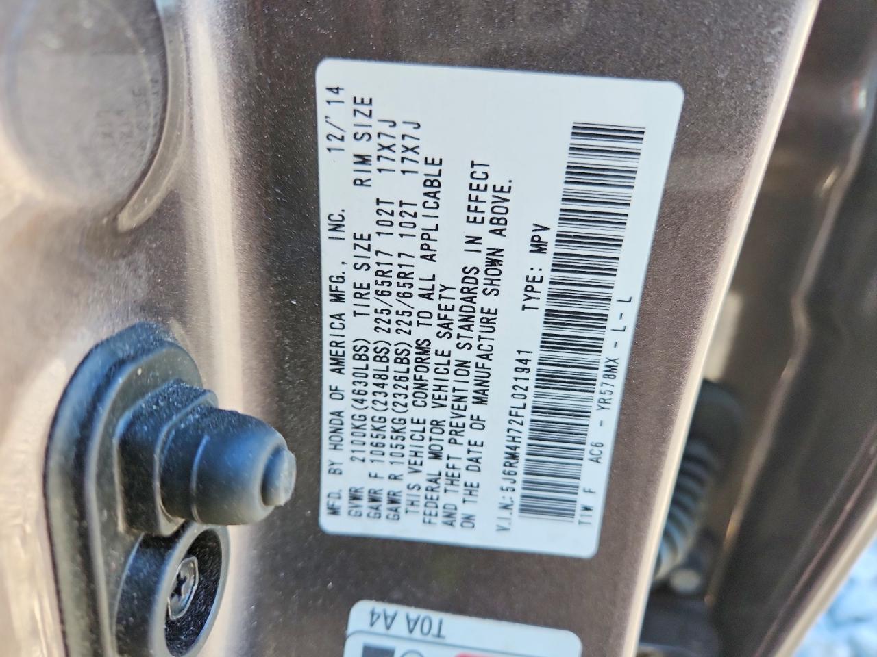 2015 Honda Cr-v Exl Gray vin: 5J6RM4H72FL021941